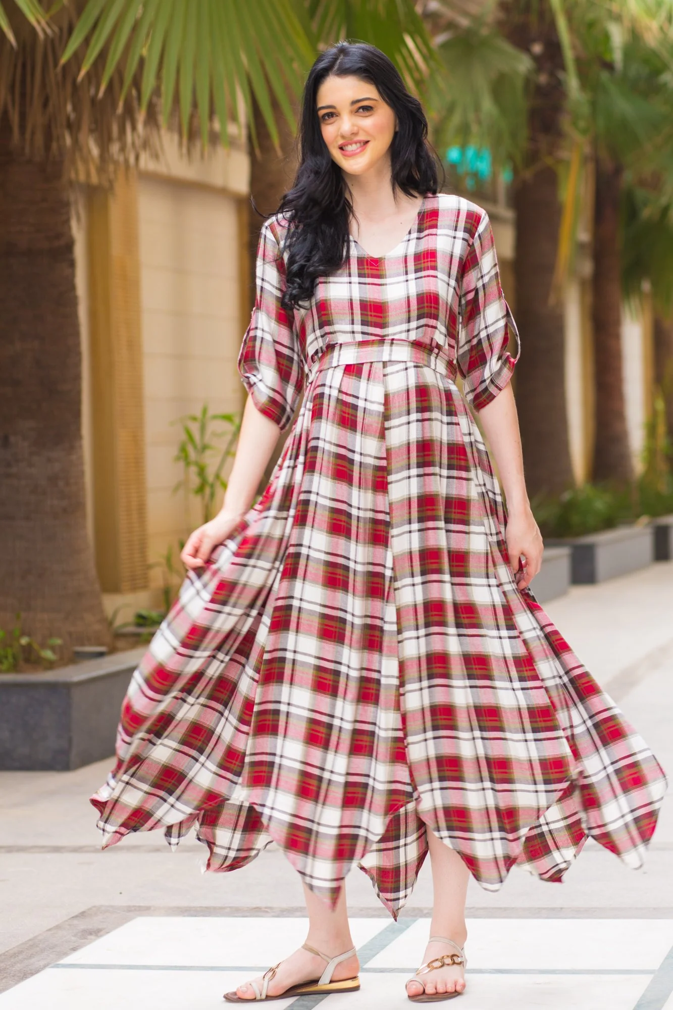 Classic Cherry Red Plaid Maternity & Nursing Maxi - Chenance