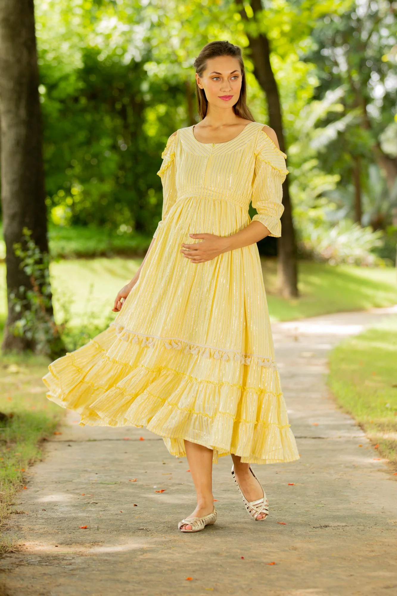 Boho Striped Shimmer Frill Maternity & Nursing Maxi - Chenance