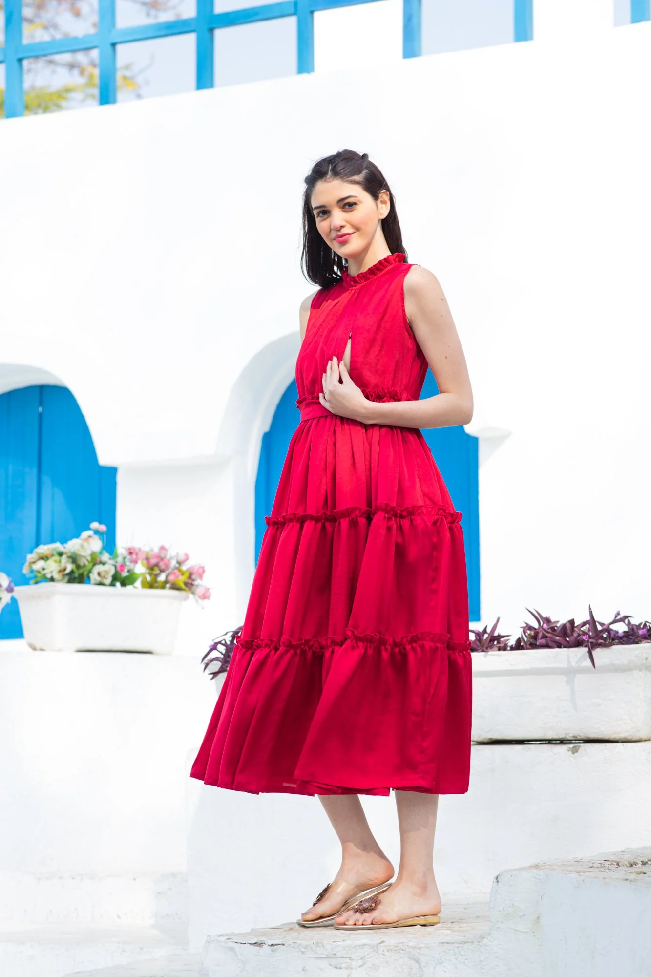 Hot Red Maternity & Nursing Concealed Zips Frill Dress - Chenance