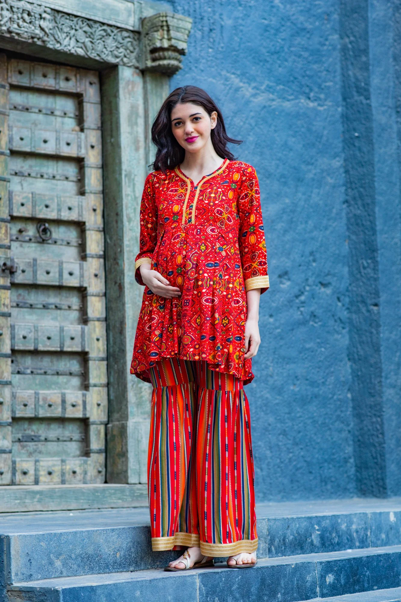 Crimson Red Ethnic Maternity & Nursing Suit Set (2 pc) - Chenance