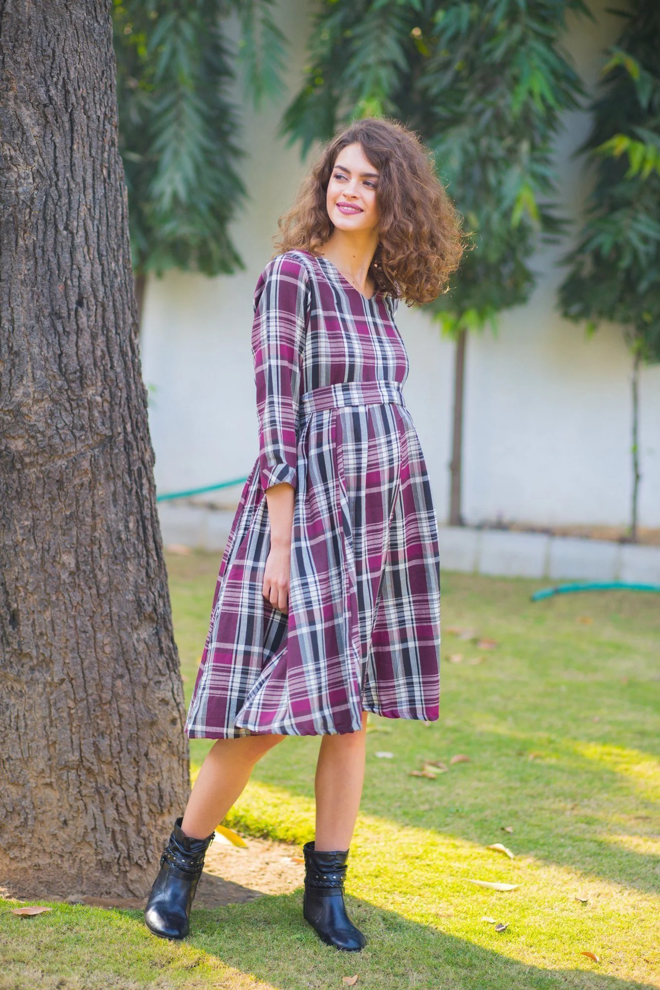 Mulberry Plaid Maternity & Nursing Knee Dress - Chenance