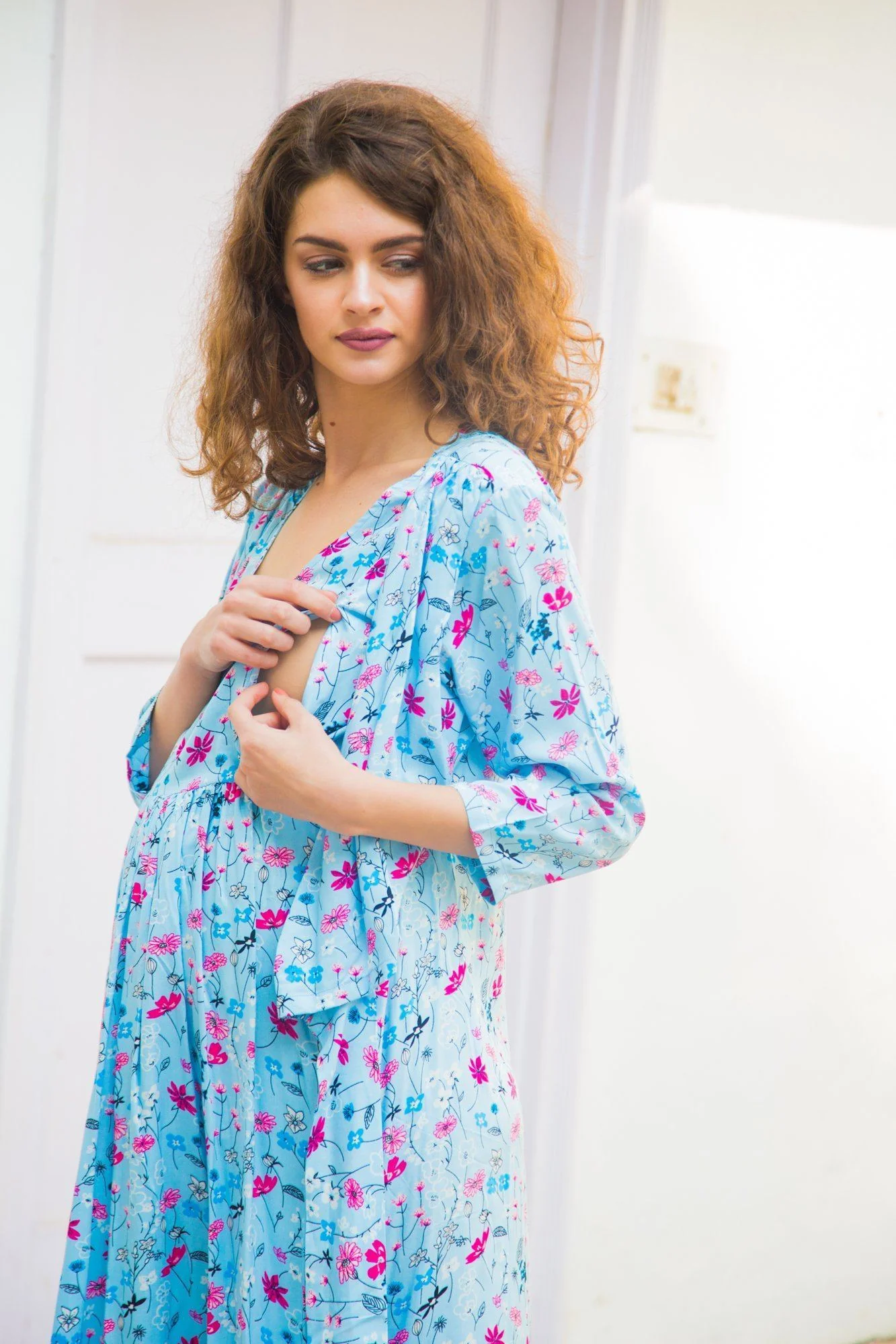 Sky Blue Floral  Maternity & Nursing Wrap Dress - Chenance