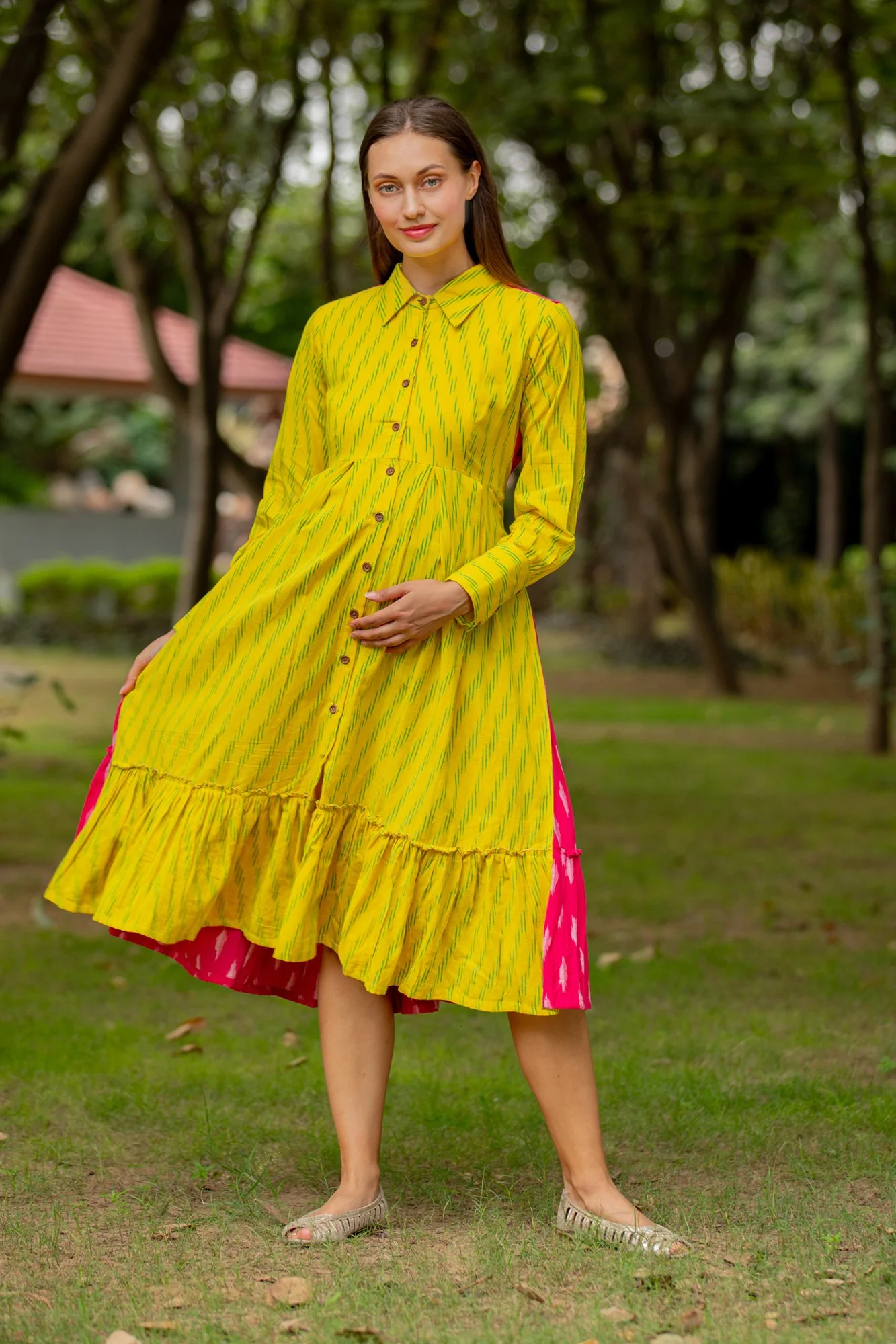 Lemon Pink Cotton Maternity & Nursing Collar Dress - Chenance