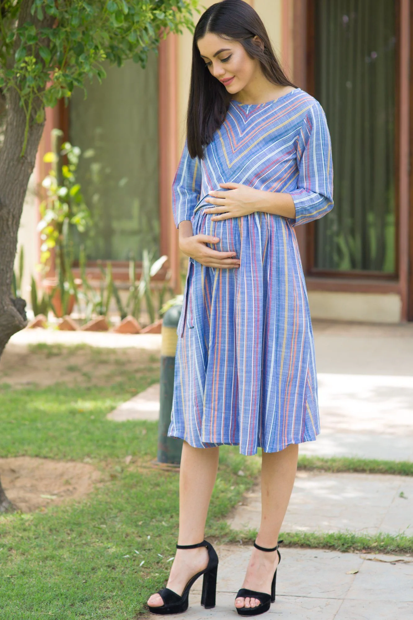 Cotton Denim Striped Maternity & Nursing Dress - Chenance