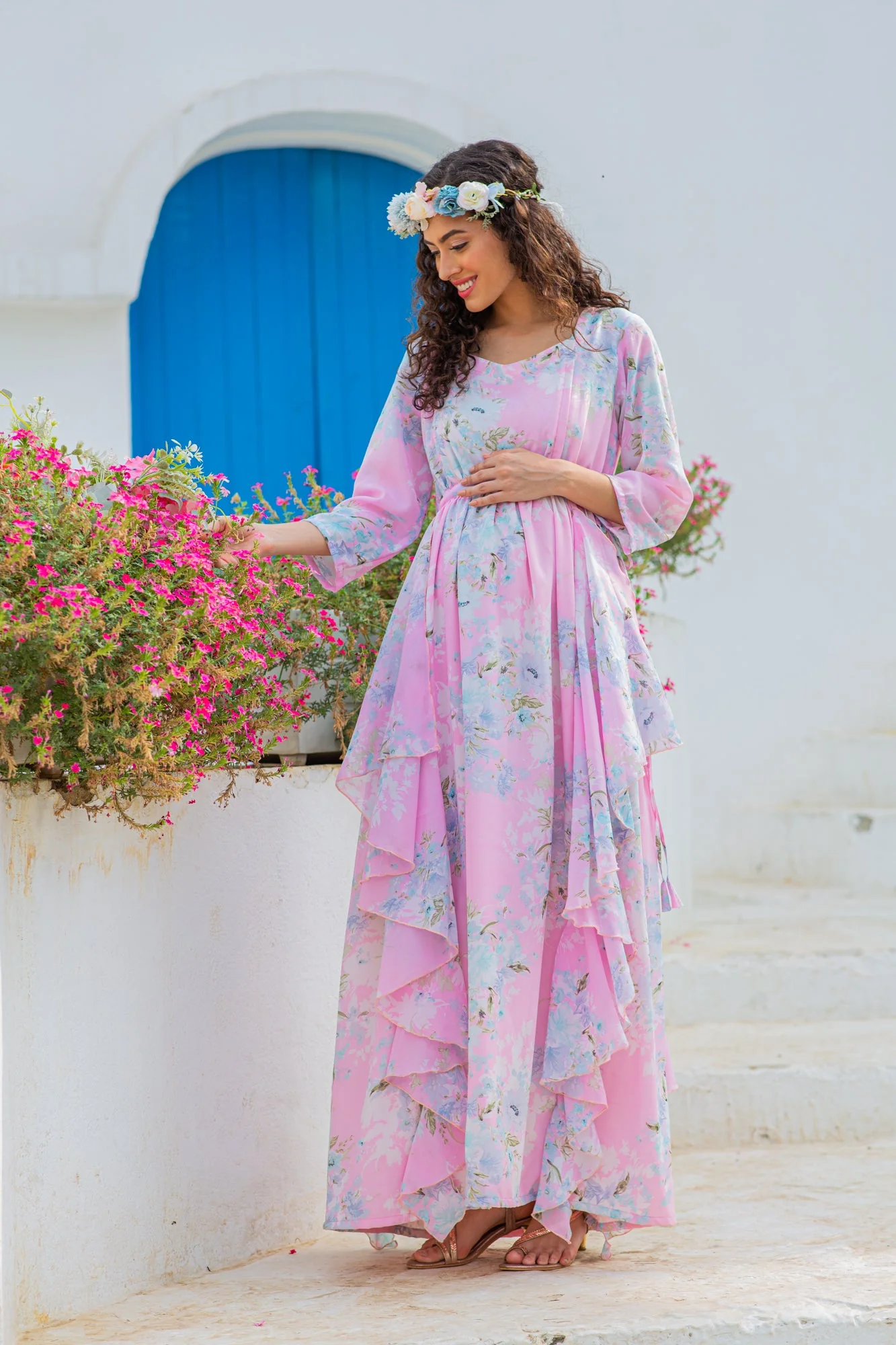 Floral Baby Pink Chiffon Maternity & Nursing Flow Dress - Chenance