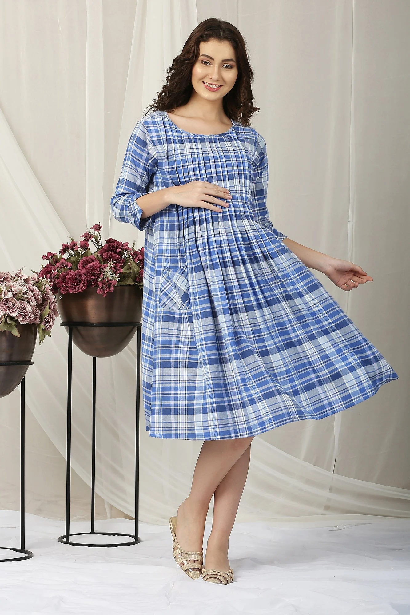 Blue Checks Maternity & Nursing Pintuck Dress - Chenance