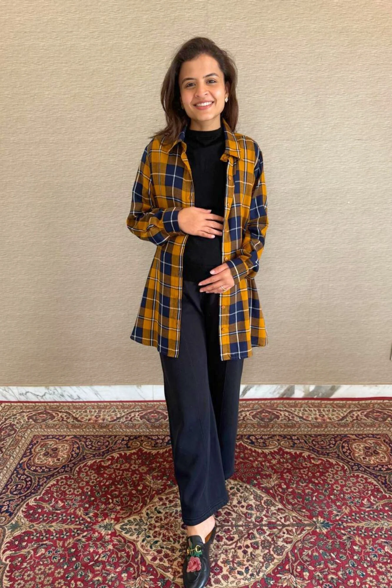 Mustard Blue Plaid Maternity & Nursing Top - Chenance