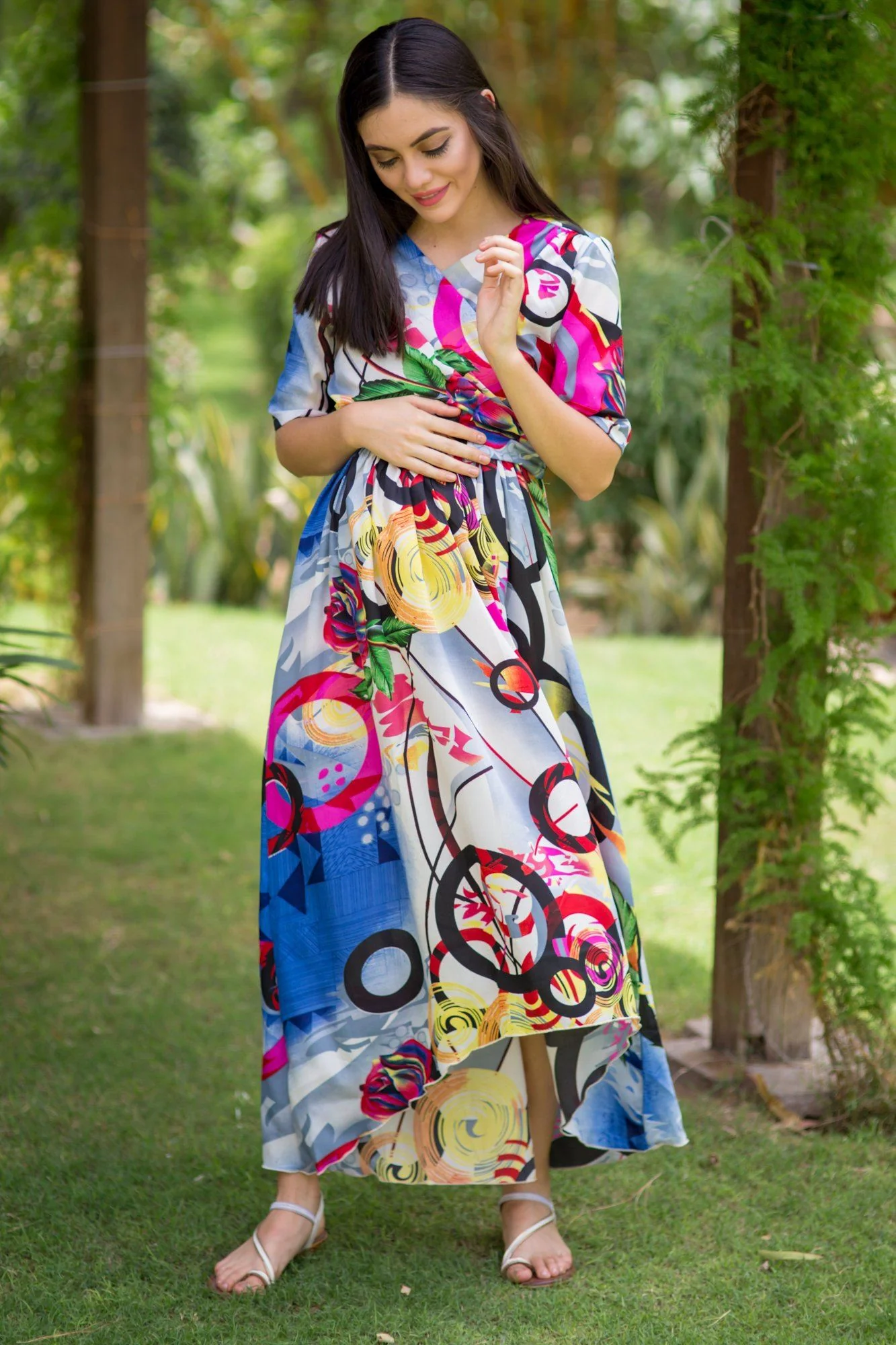 Abstract Printed High-Low Maternity & Nursing Wrap Dress - Chenance