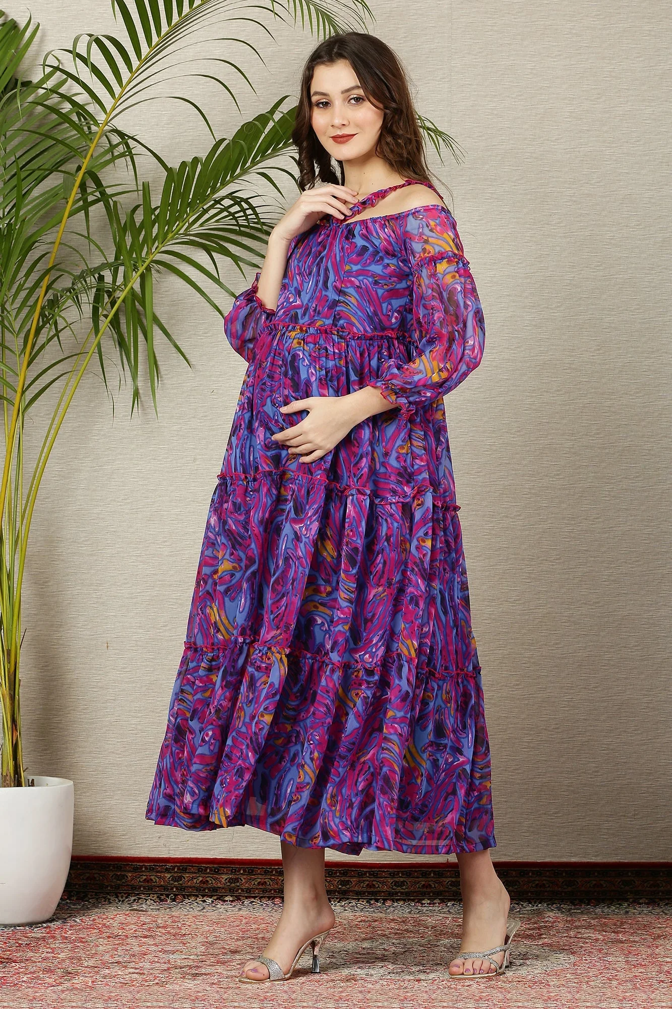 Petite Purple Wave Chiffon Halter Maternity & Nursing Frill Dress - Chenance