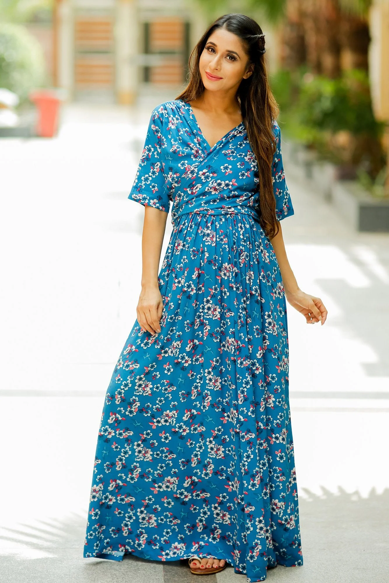 Floral Teal Maternity & Nursing Wrap Dress - Chenance
