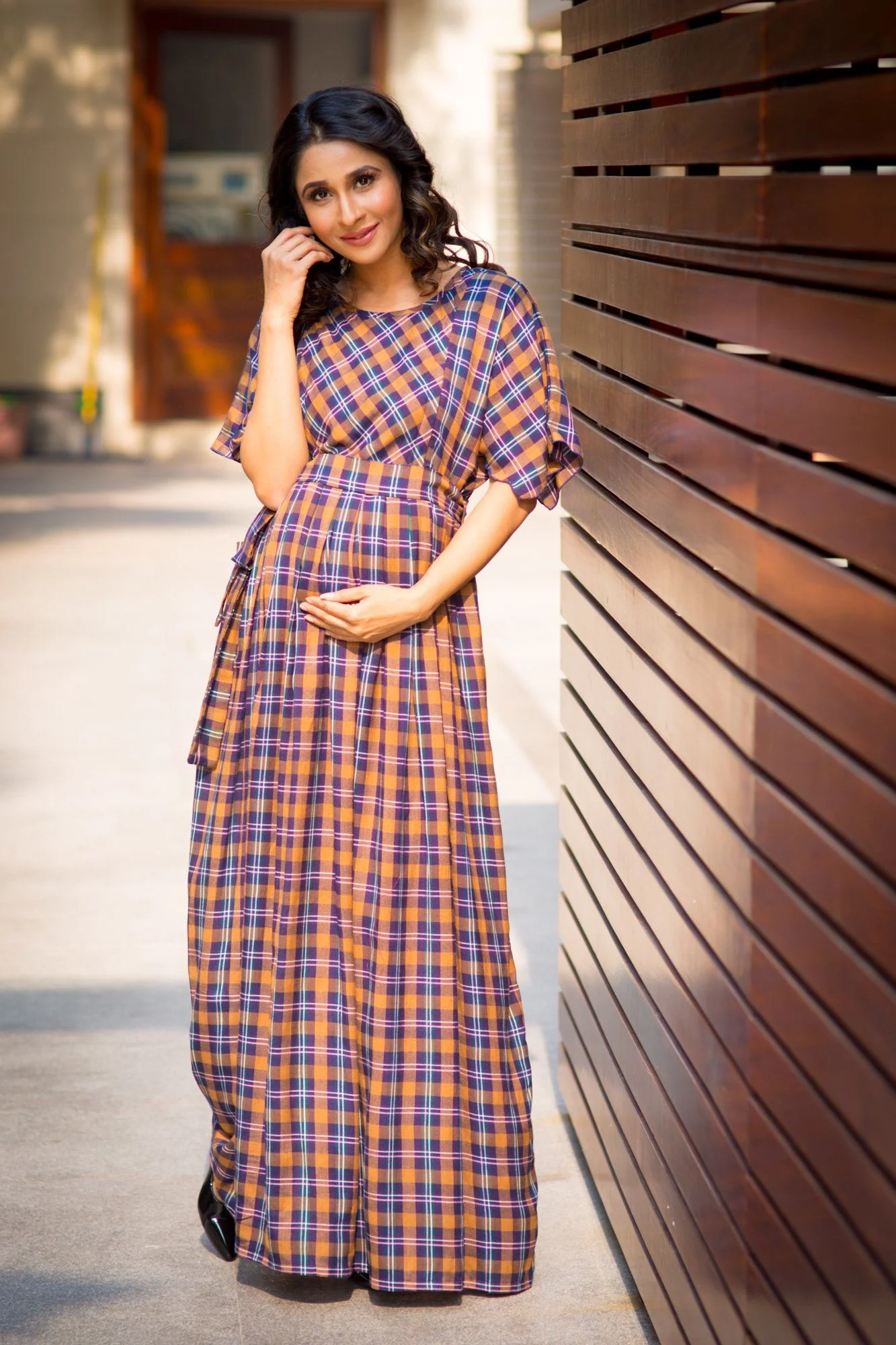 Luxe Chocolate Brown Plaid Maternity & Nursing Maxi - Chenance