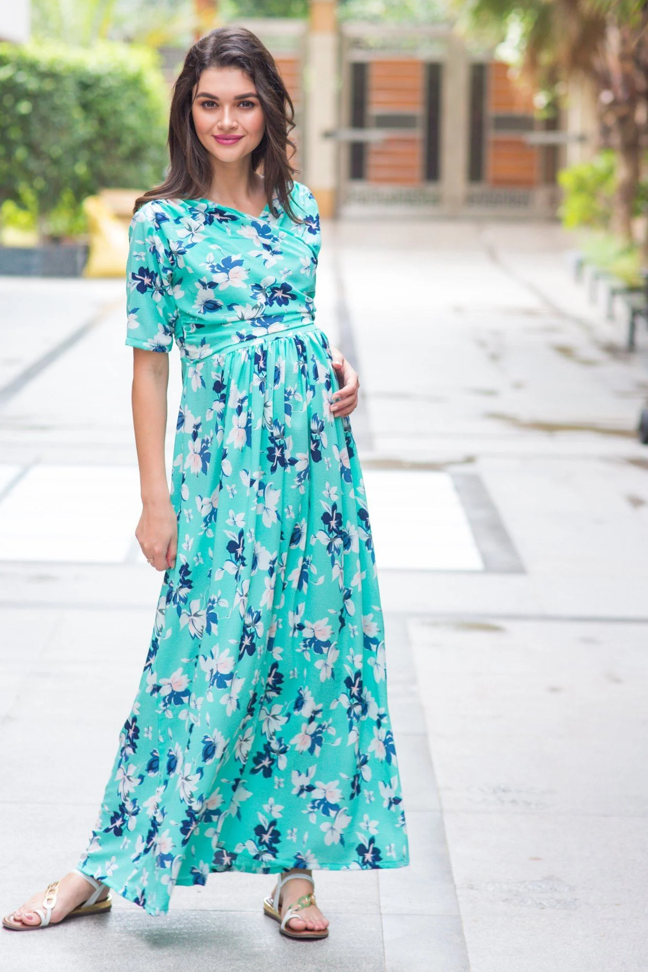 Mint Aquamarine Blossom Maternity & Nursing Wrap Dress - Chenance