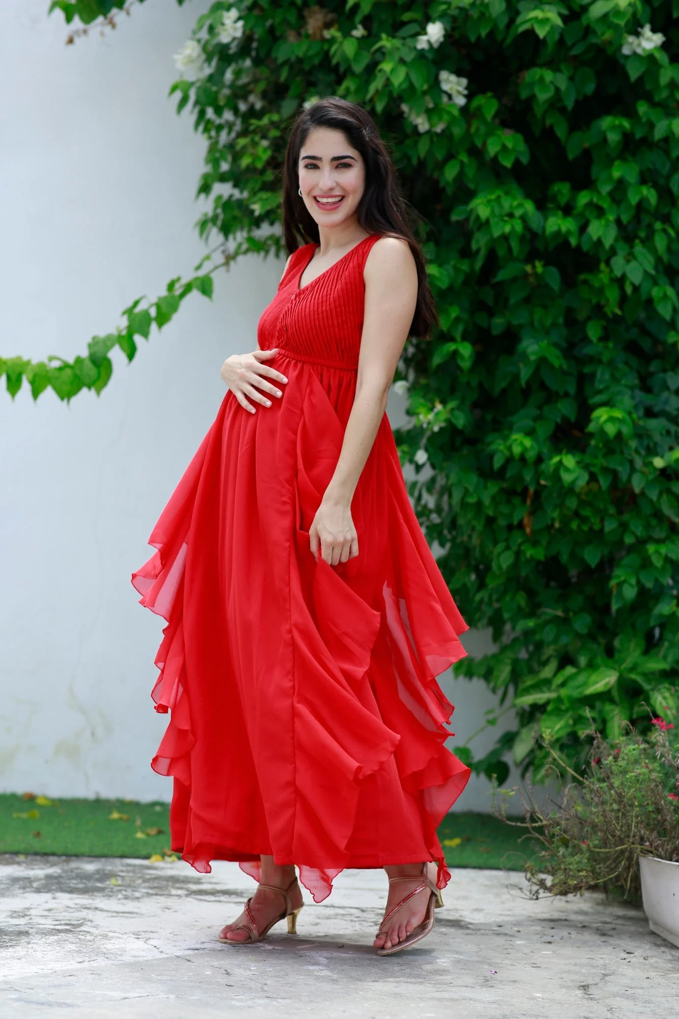 Luxe Scarlet Maternity & Nursing Pintucks Flow Dress - Chenance
