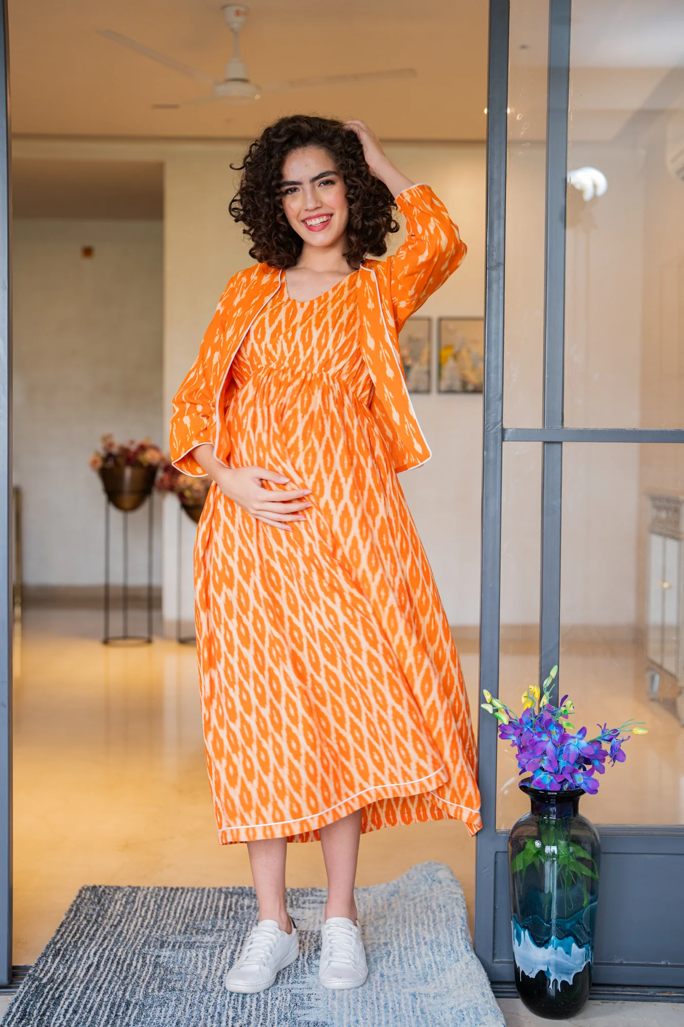 Vibrant Tangerine Ikat Maternity Dress With Jacket (100% Cotton) (2Pc) - Chenance
