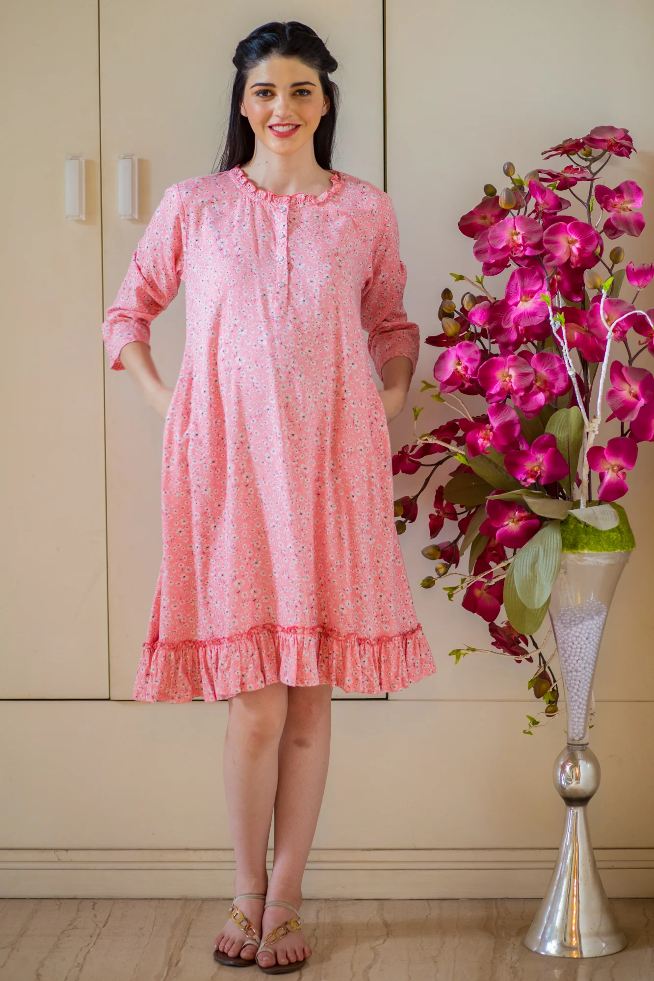 Cute Pink Daisy Maternity & Nursing Night Dress + Matching Swaddle Set Of 2 - Chenance