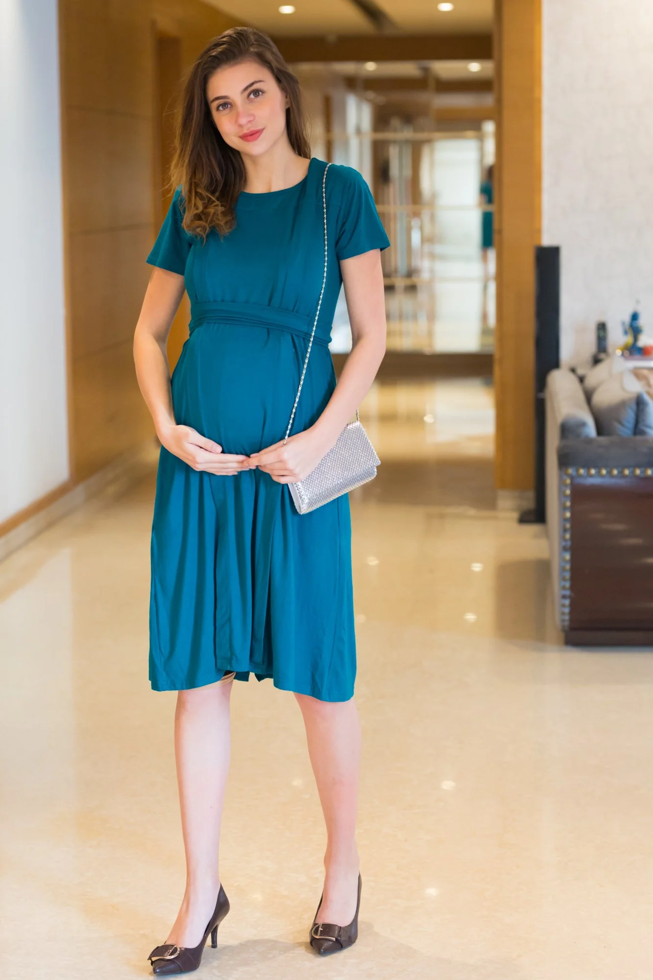 Teal Stretchable Maternity & Nursing Dress - Chenance