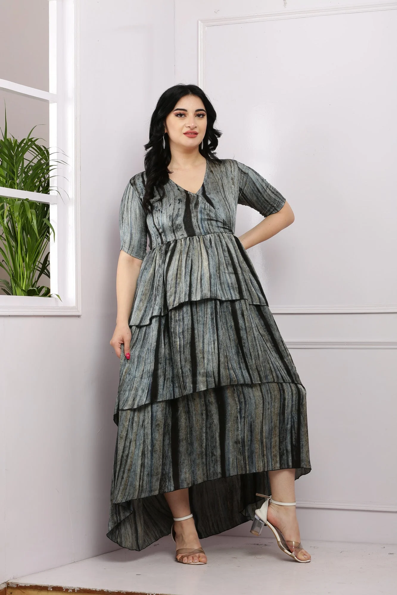 Vintage Smokey Grey Wrap Maternity& Nursing Layered Satin Dress - Chenance