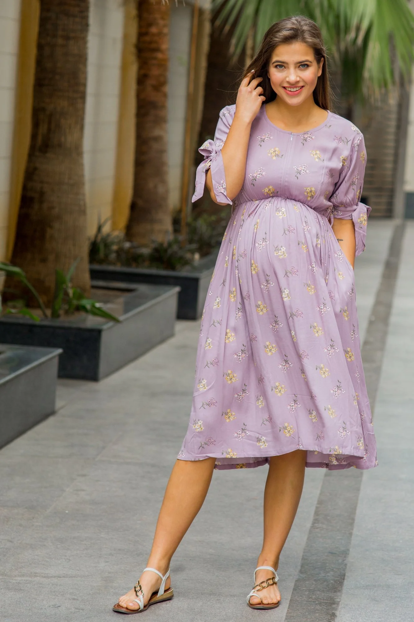 Pretty Lilac Floral Maternity & Nursing Dress - Chenance