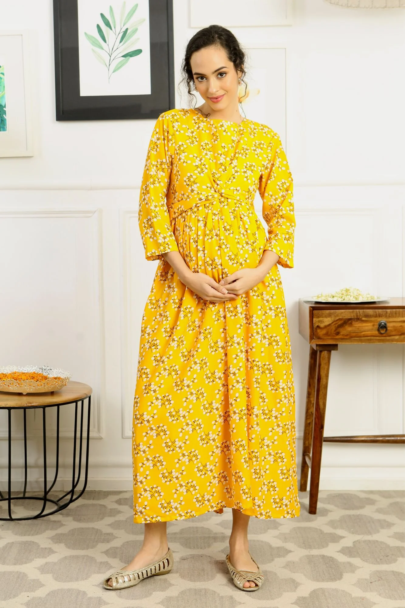 Cheery Sunshine Glow Floral Maternity Knot Dress - Chenance