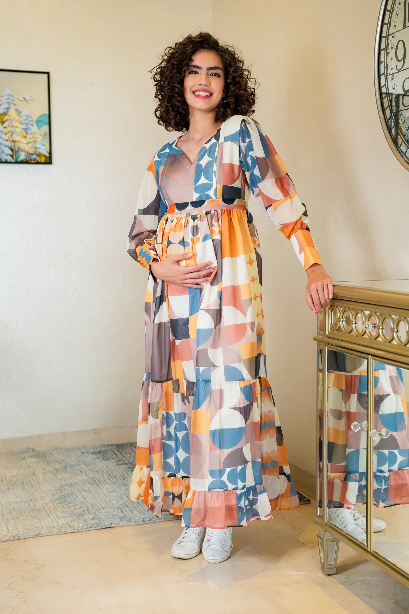 Vintage Geometric Maternity And Nursing Frill Dress - Chenance