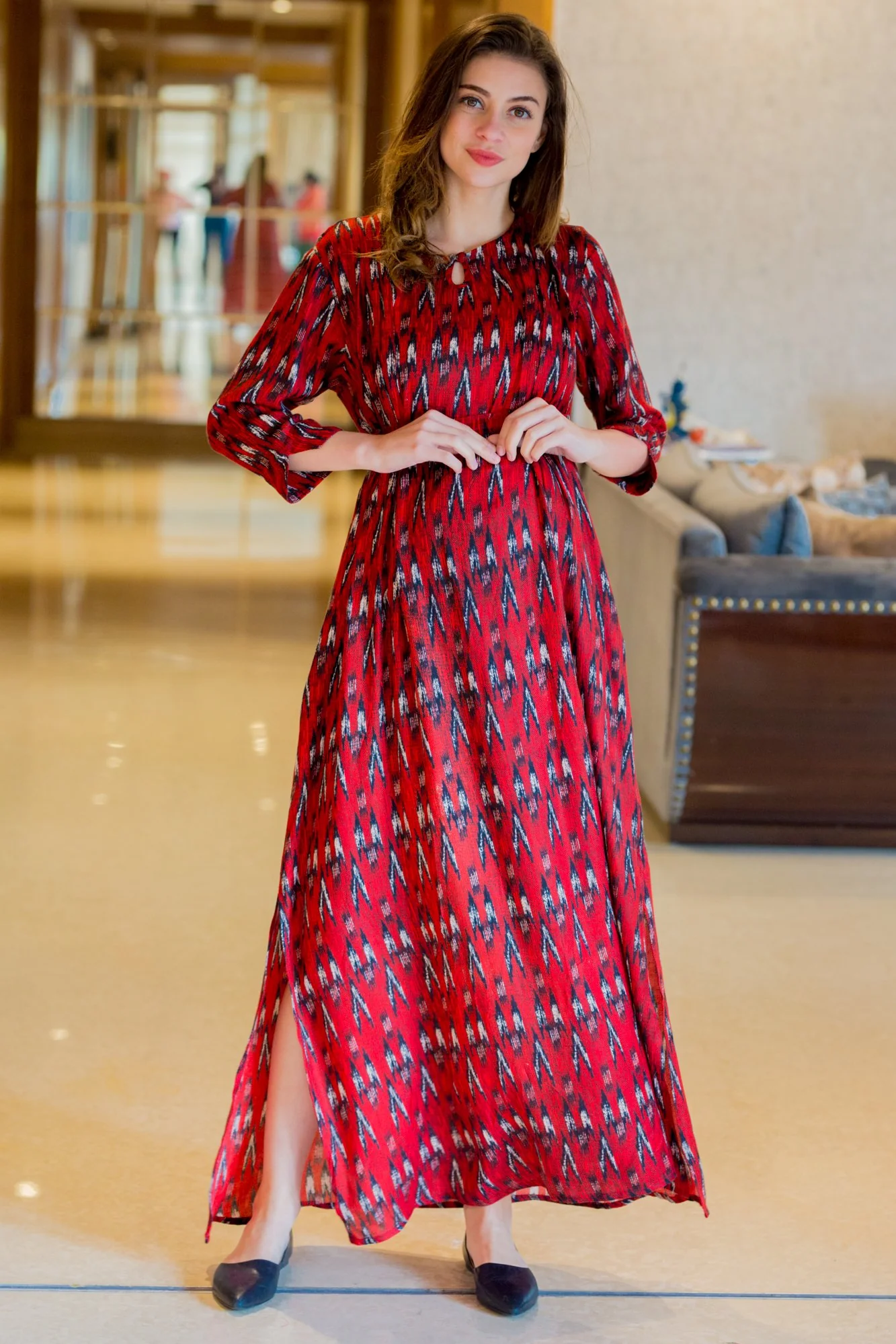 Crimson Aztec Side Slits Maternity & Nursing Dress - Chenance