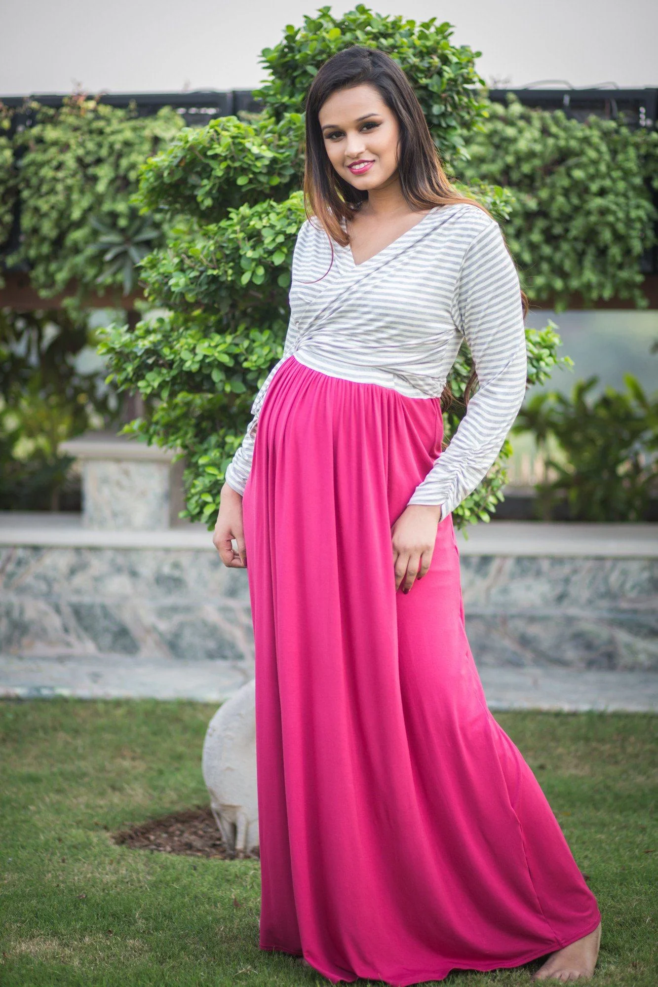 Pink Blush & Grey Striped Maternity And Nursing Wrap Dress - Chenance