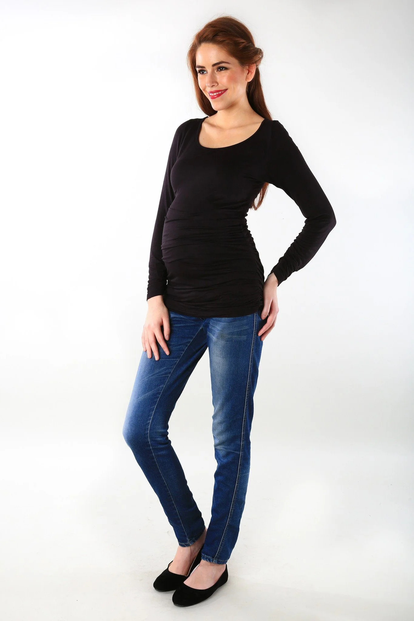 Long Sleeve Gathered Classic Black Maternity Top - Chenance