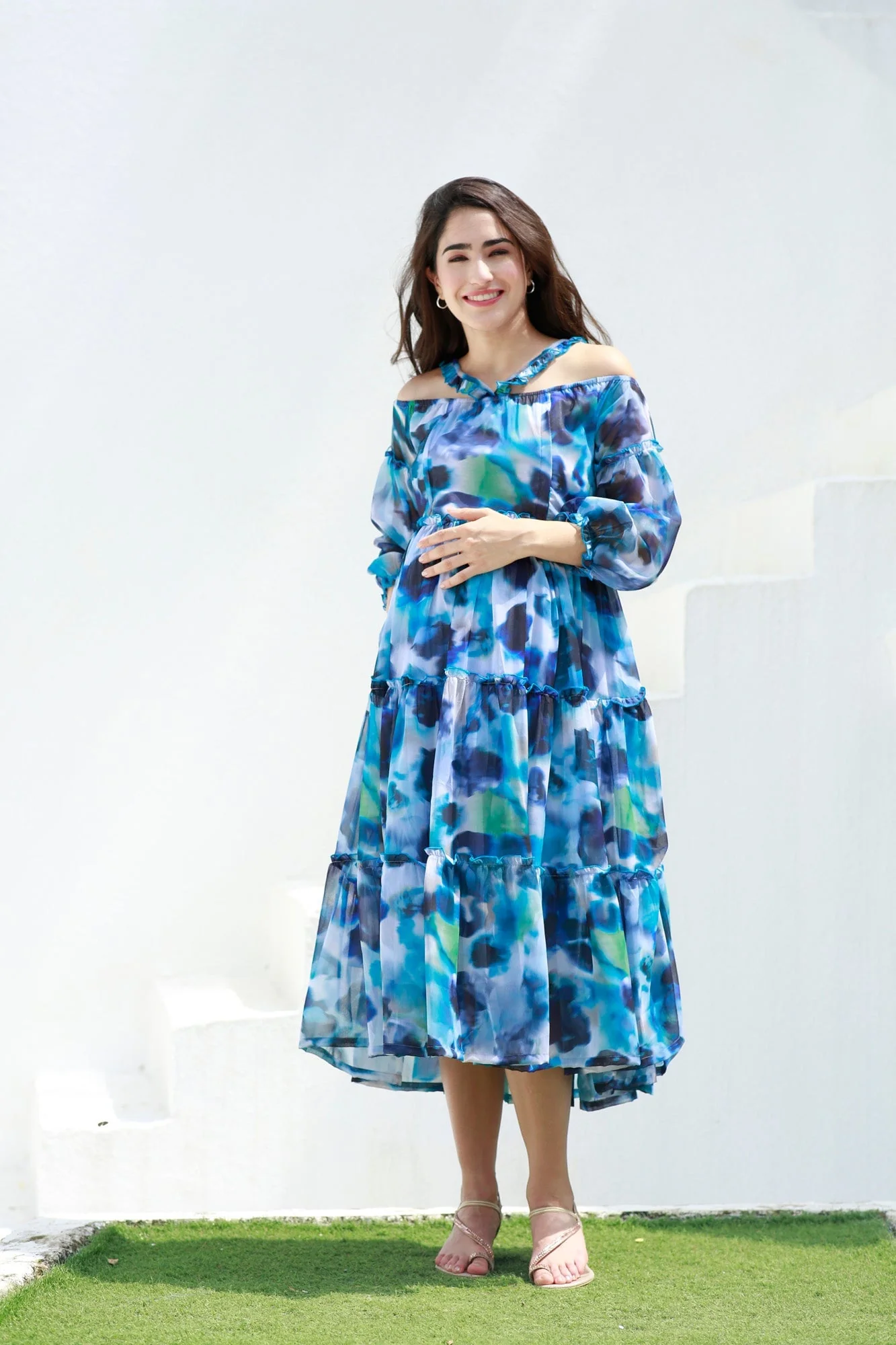 Paradise Blue Waves Halter Maternity & Nursing Frill Dress - Chenance