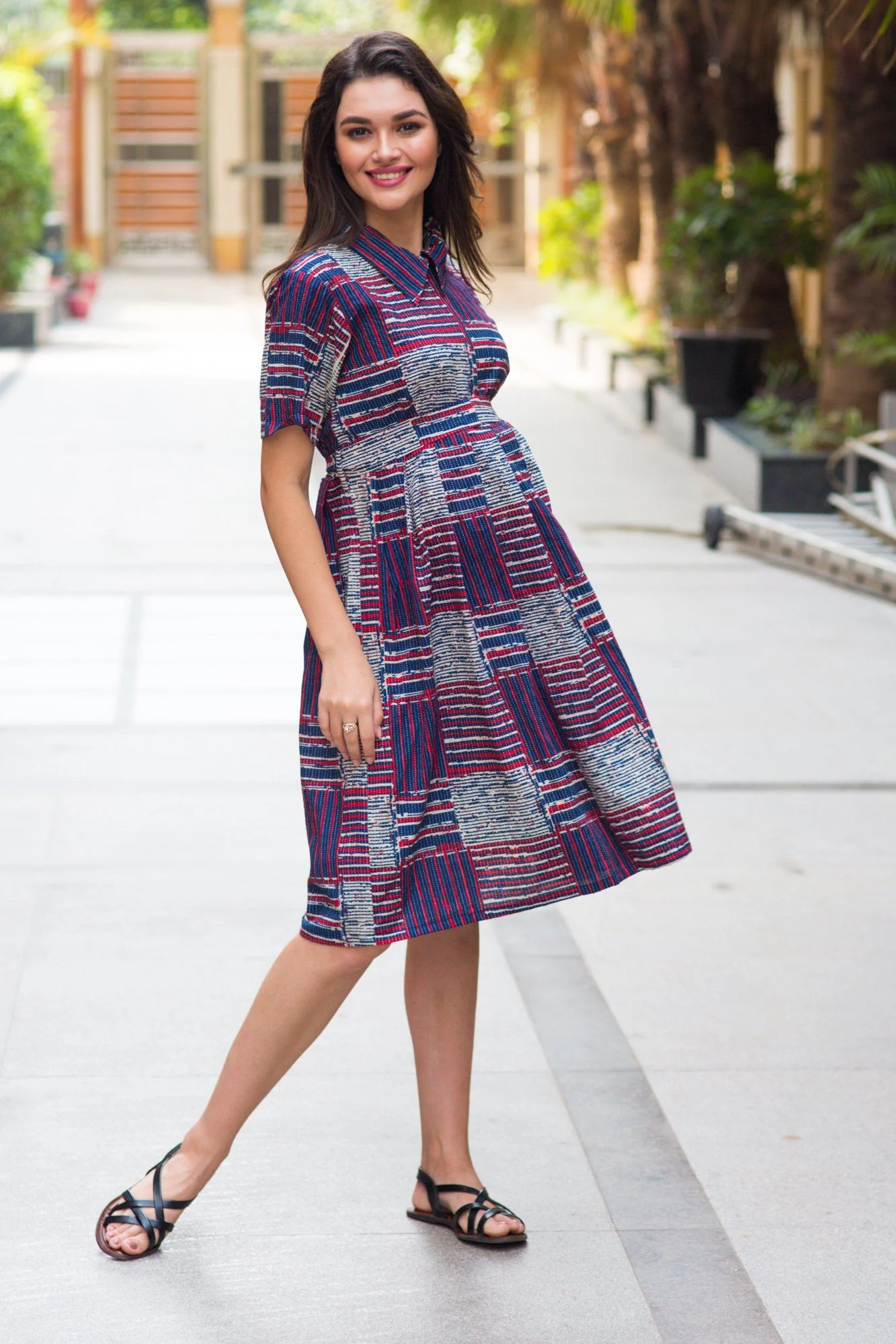 Cotton Patched Striped Maternity & Nursing Dress - Chenance