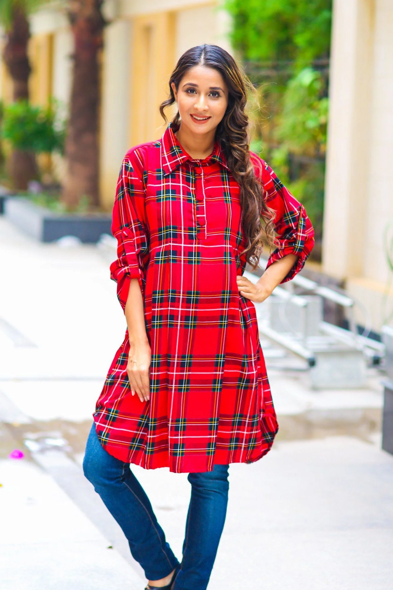 Red Plaid Versatile Maternity & Nursing Shirt Dress - Chenance