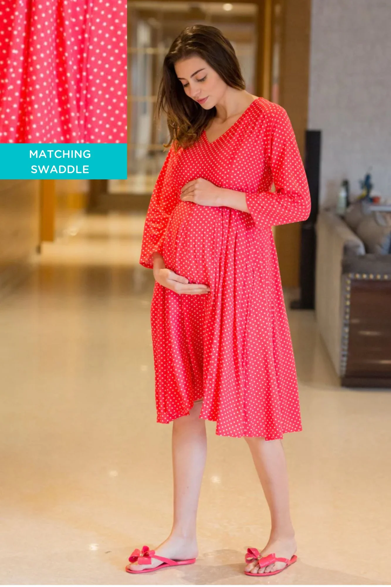 Polka Swing Maternity & Nursing Dress + Matching Swaddle Set Of 2 - Chenance