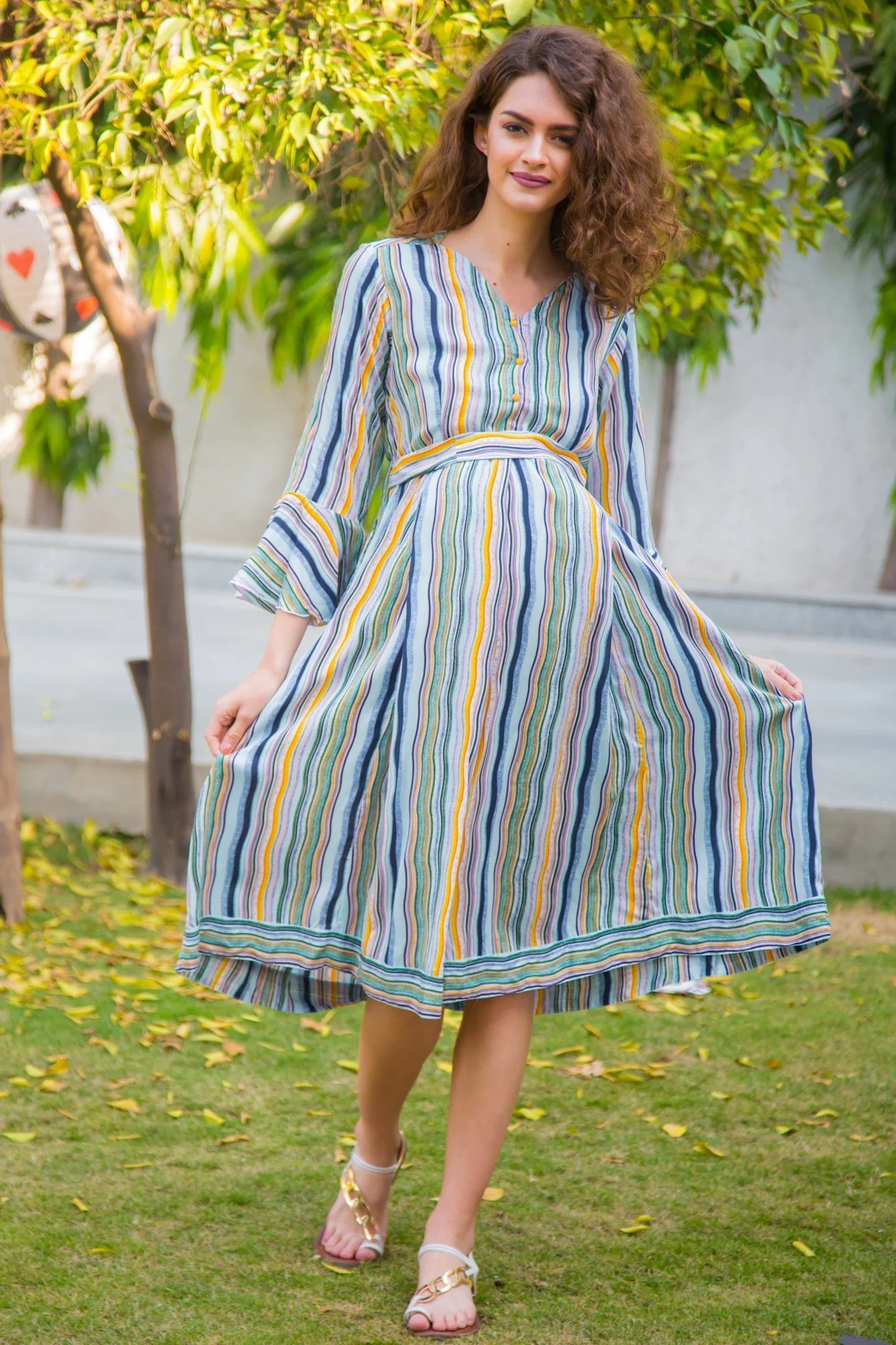 Electric Striped Front Button Maternity & Nursing Dress - Chenance