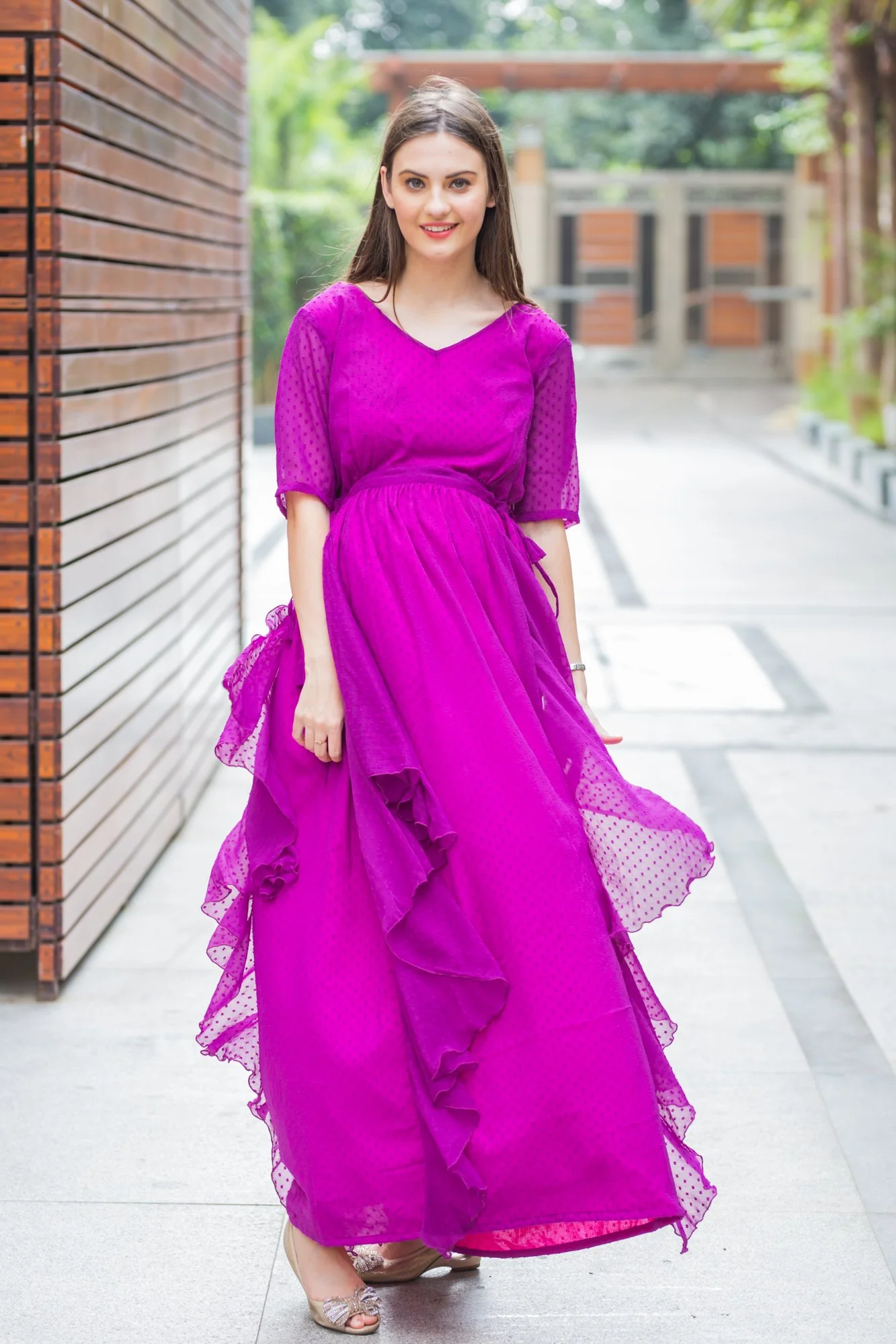 Plum Maternity Flowing Dress With Sleeves - Chenance