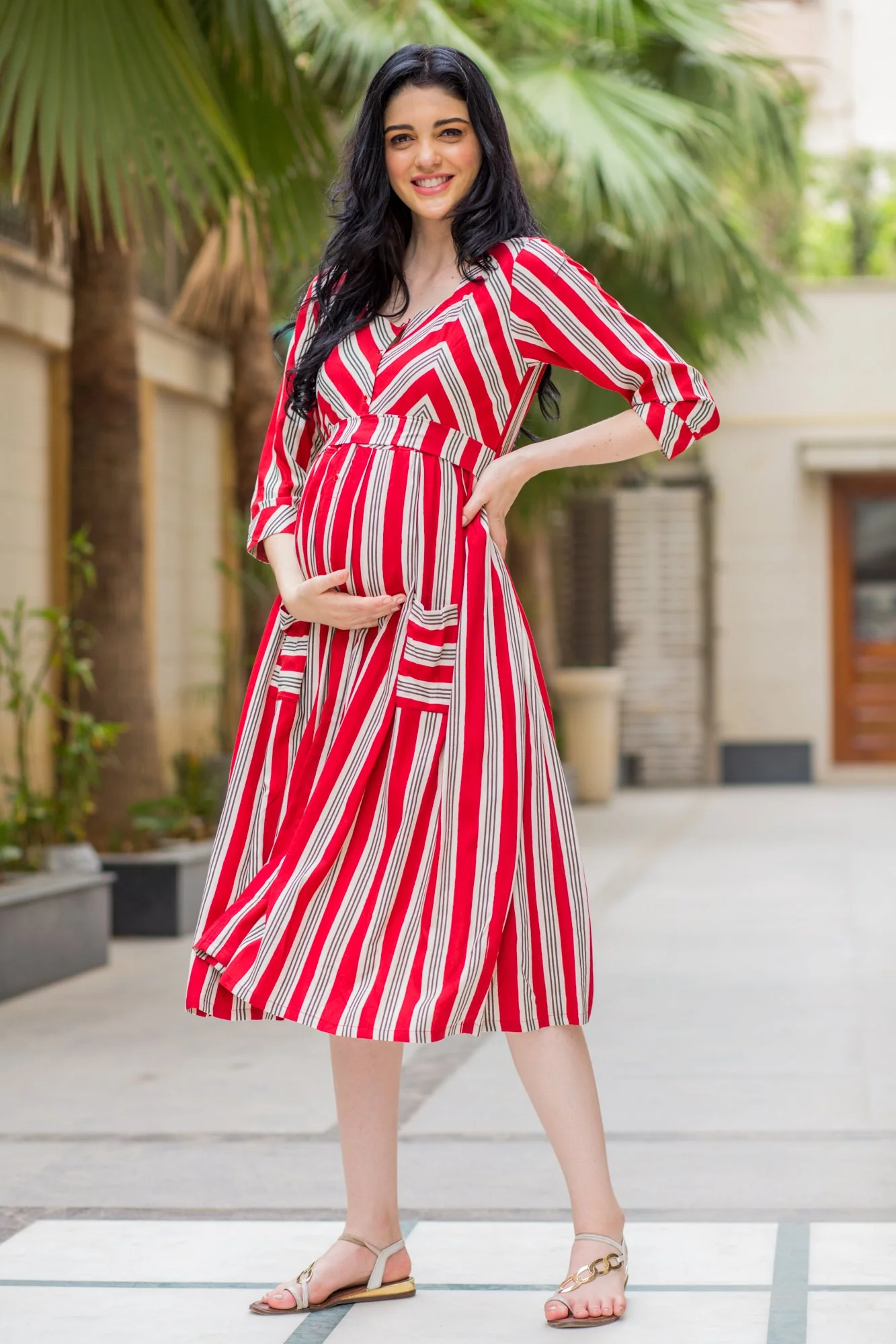 Unique Maroon Pocket Striped Maternity & Nursing Dress - Chenance