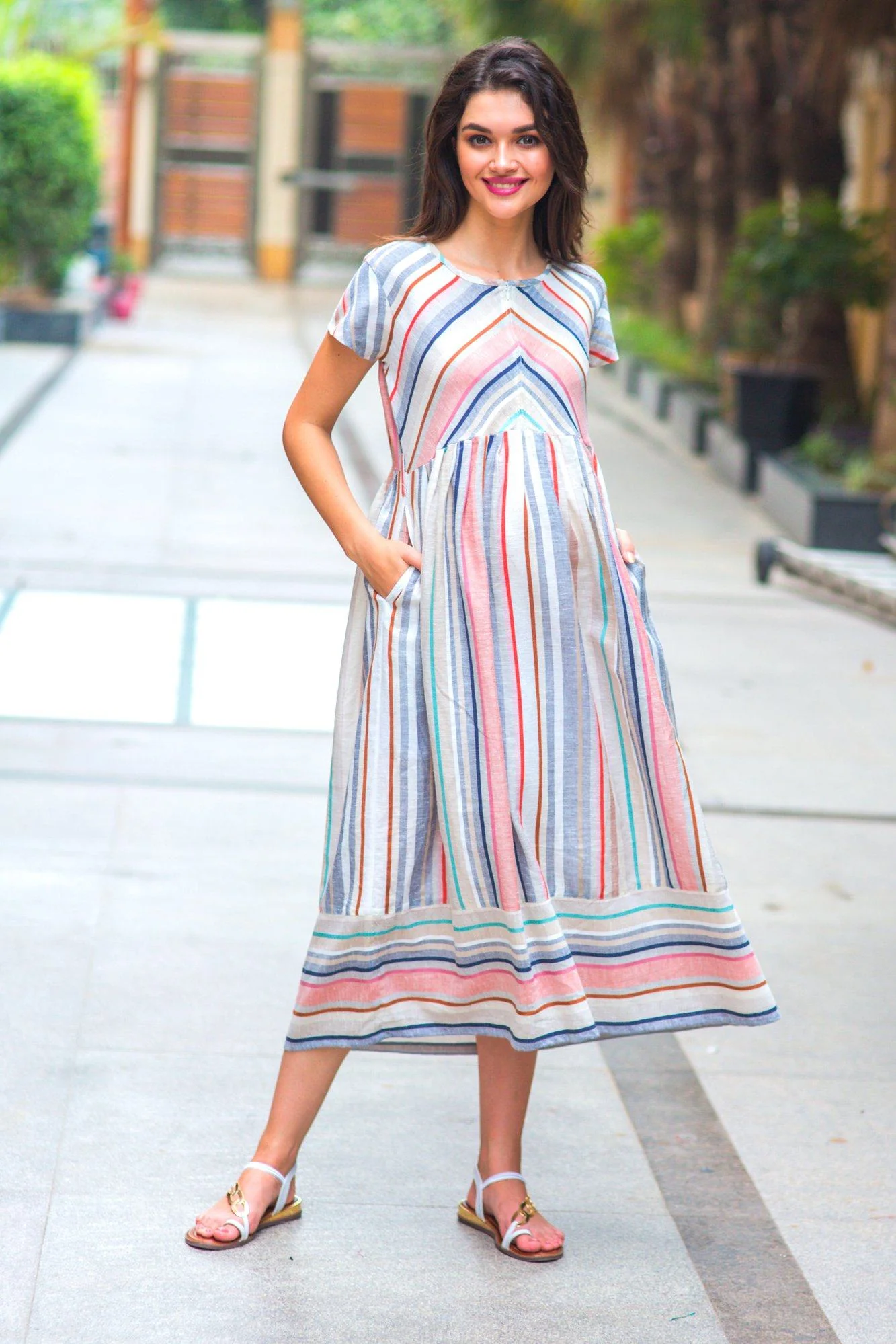 Abstract Striped Linen Maternity & Nursing Dress - Chenance