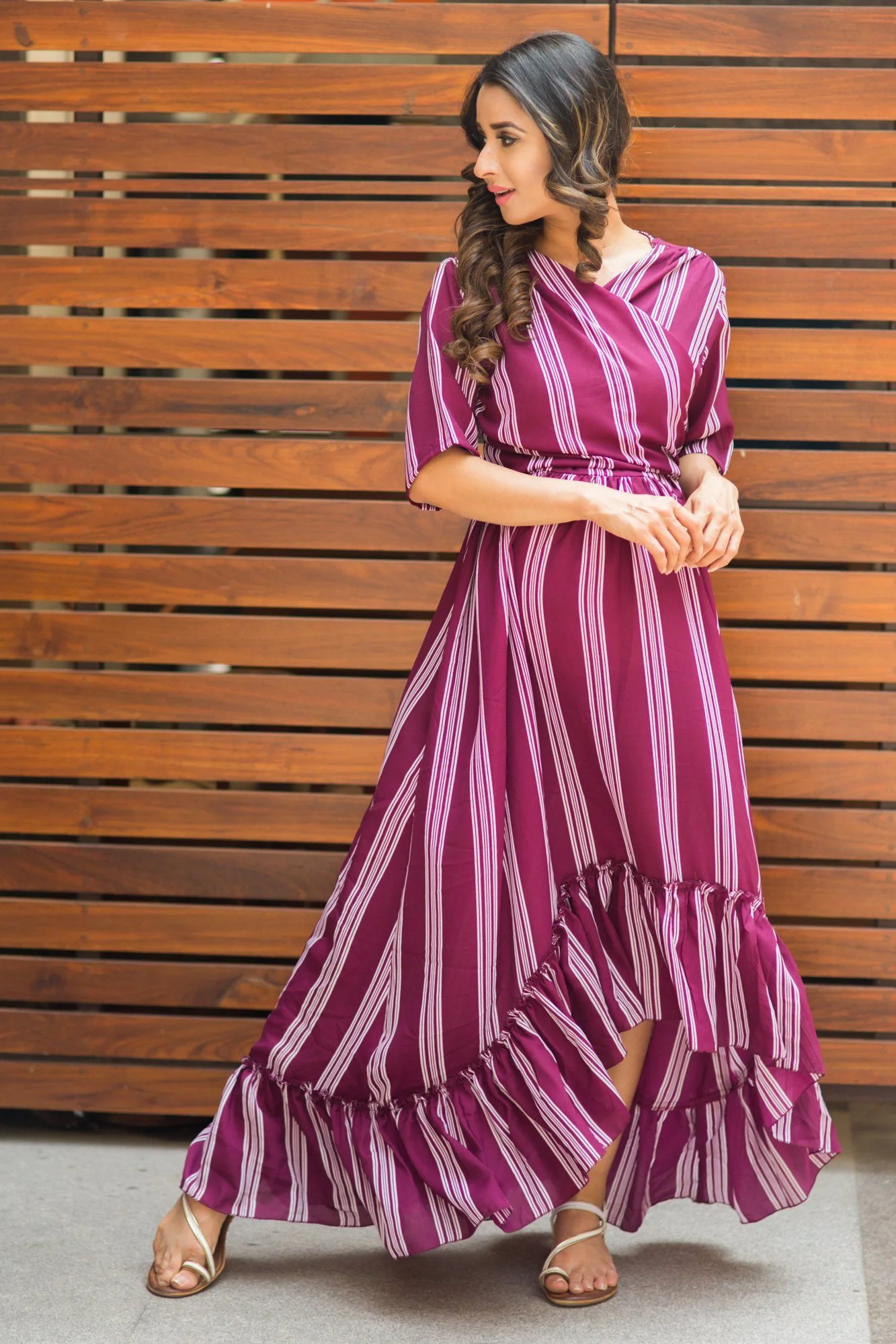Plum Striped Hi-Low Frill Maternity & Nursing Wrap Dress - Chenance
