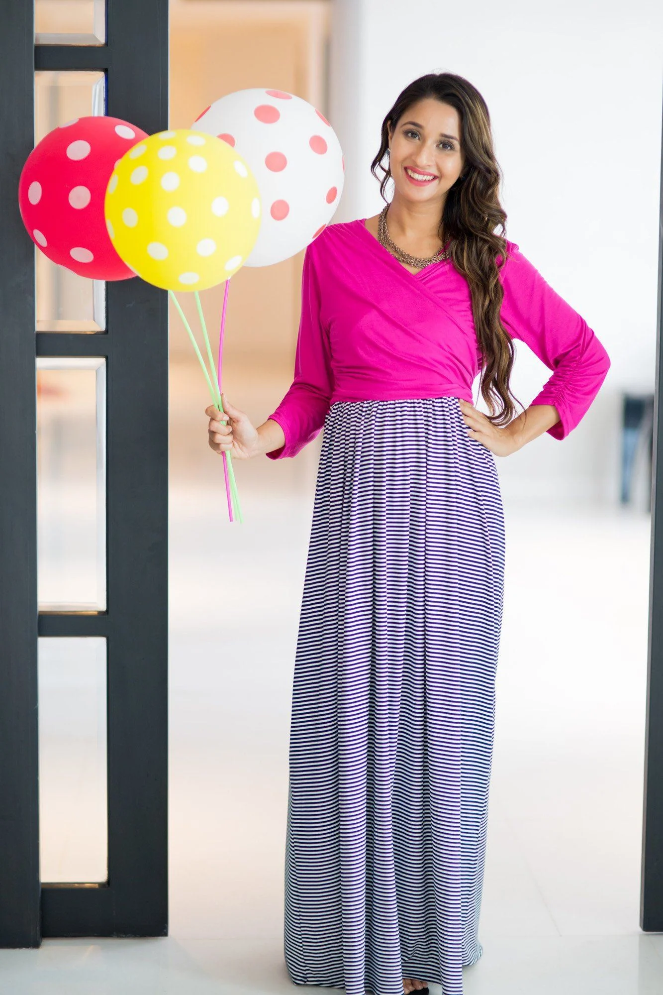 Striped Pink Contrast Front Wrap Maternity & Nursing Dress - Chenance