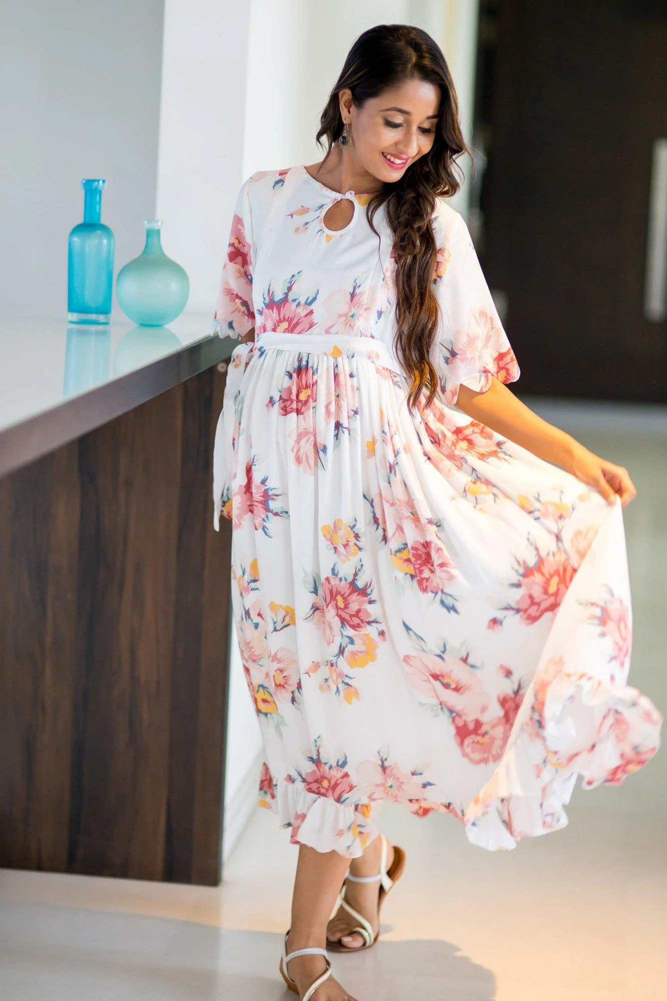 White Floral Frill Concealed Zips Nursing Dress - Chenance