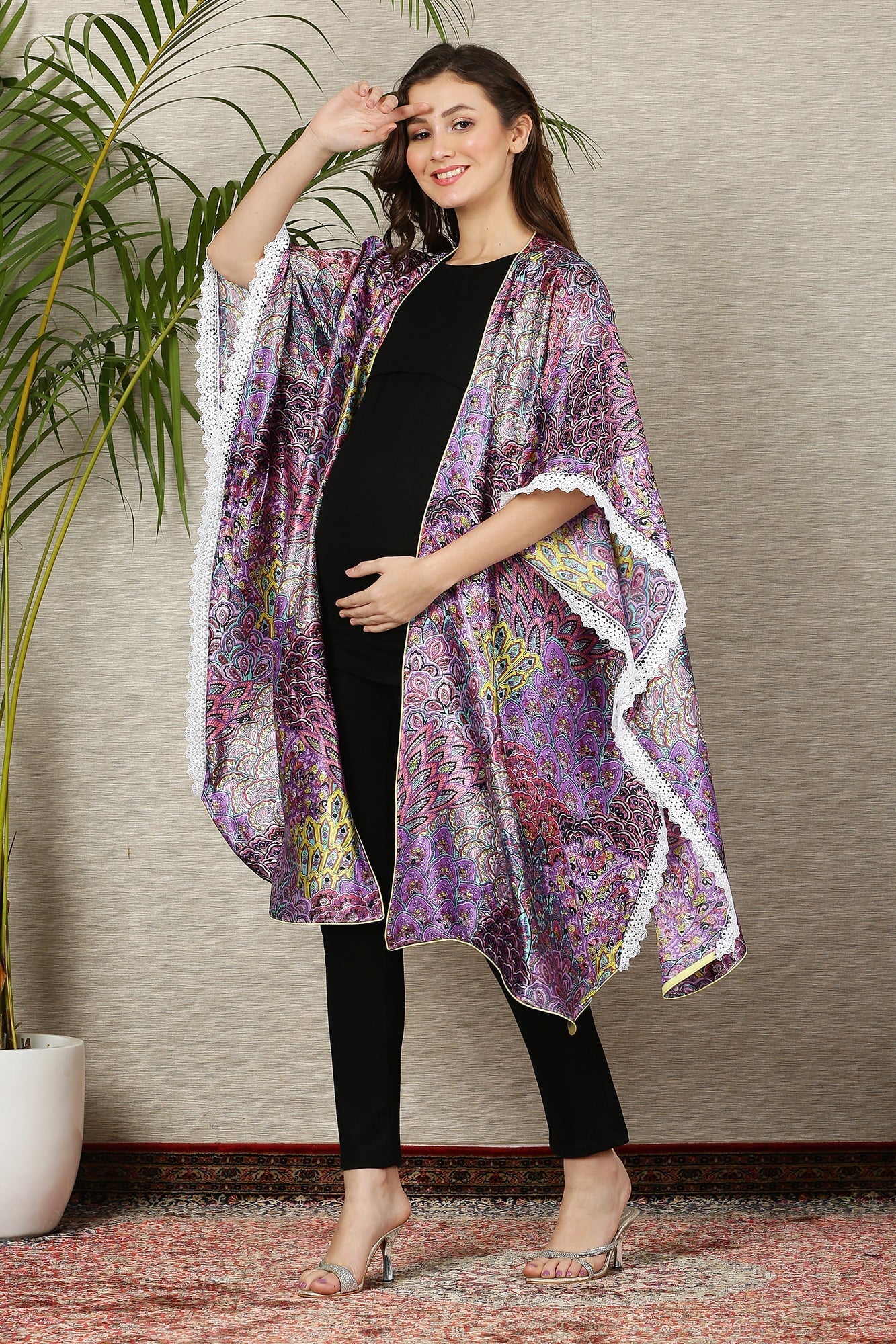 Plum Peacock Fringe Maternity Satin Cover Up - Chenance