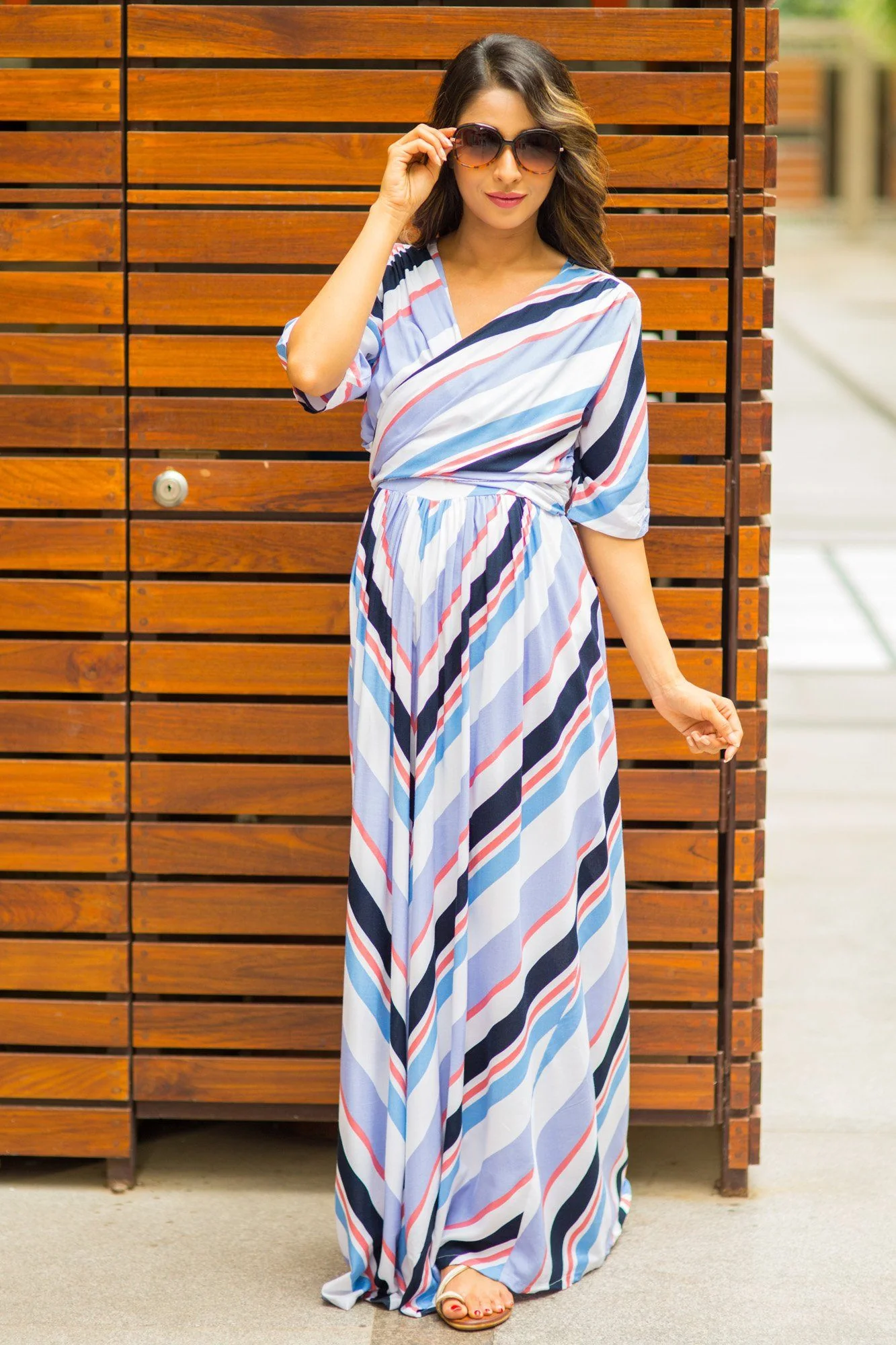 Multicolor Striped Maternity & Nursing Wrap Dress - Chenance