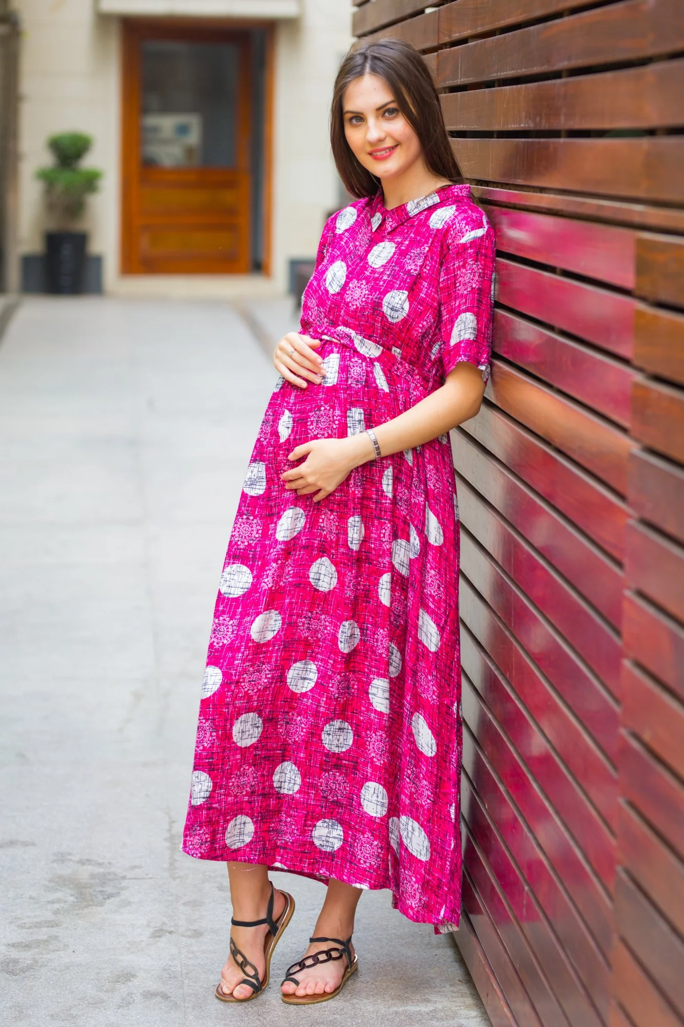Magenta Polka Maternity & Nursing Kurta Dress - Chenance