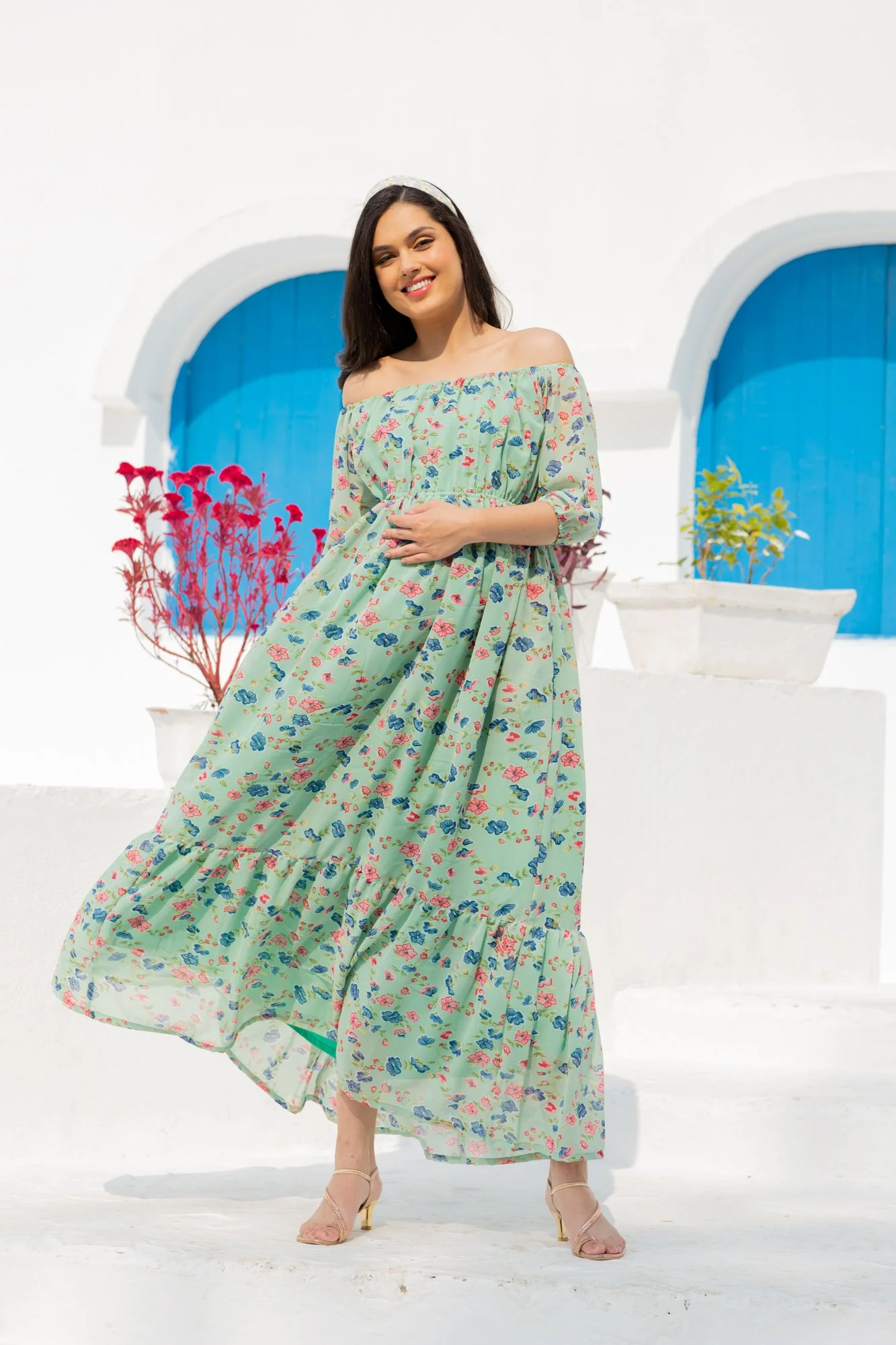 Mint Green Floral Dual Off-Shoulder Boat Neck Maternity & Nursing Maxi Dress - Chenance