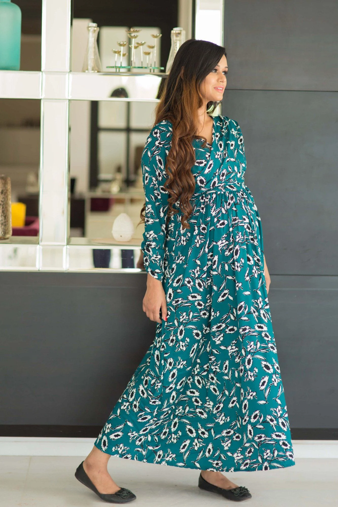Deep Green Petal Maternity & Nursing Wrap Dress - Chenance