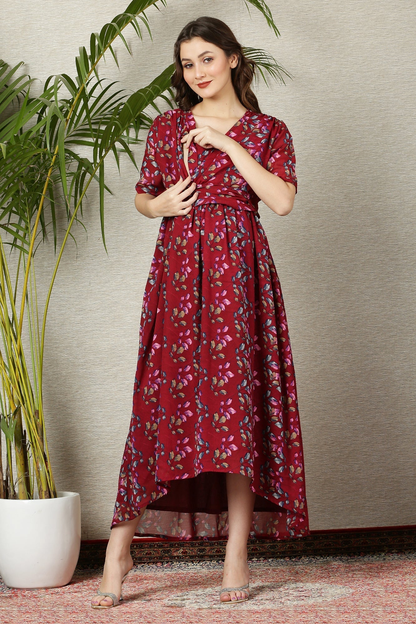 Eden Berry Red Maternity & Nursing Hi-Low Wrap Dress - Chenance