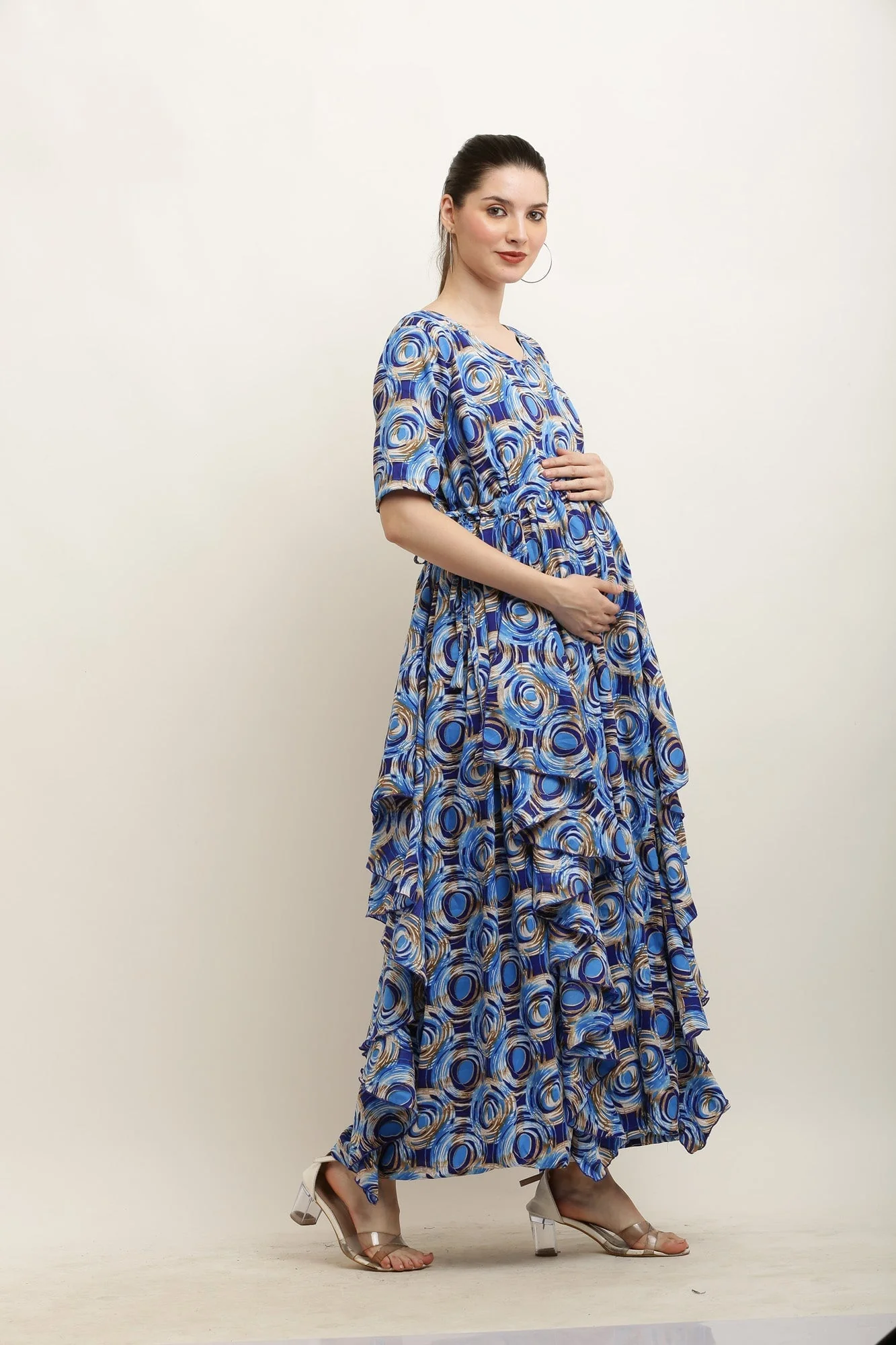 Blue Monochrome Spiral Maternity Flow Dress - Chenance