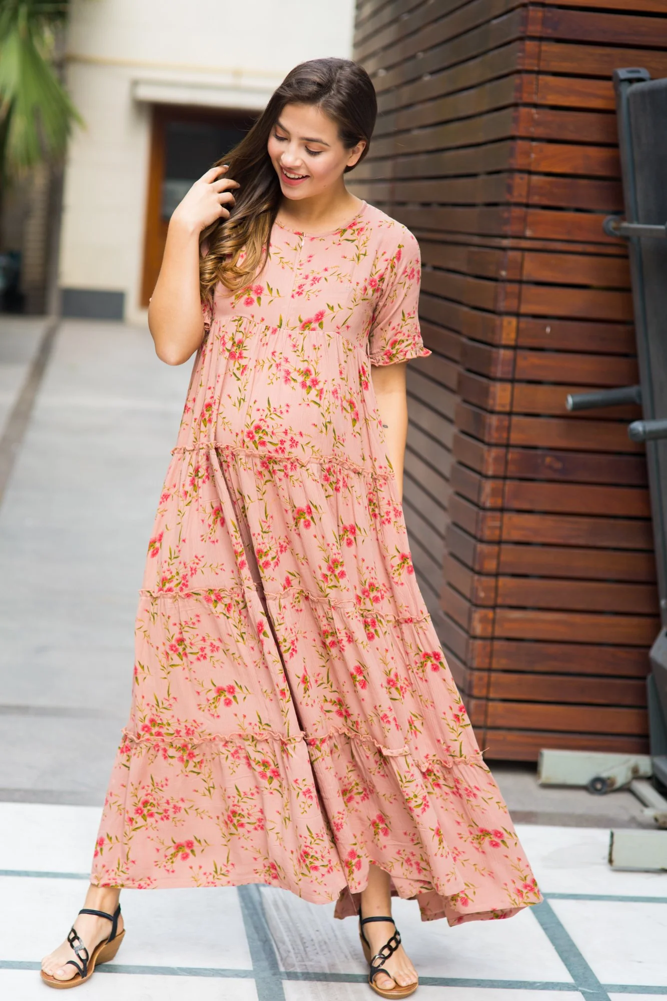 Multilayer Light Peach Frill Maternity & Nursing Dress - Chenance