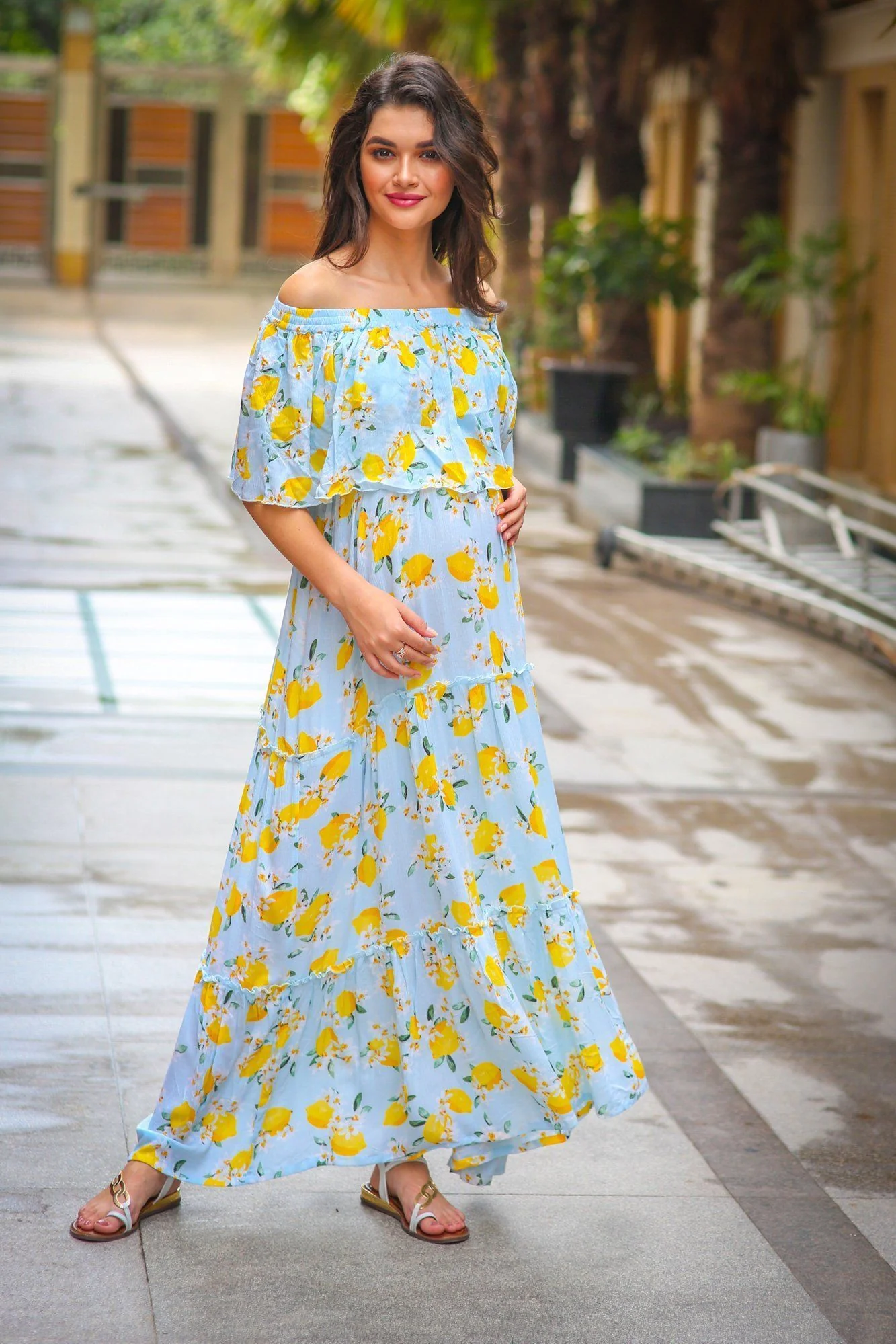 Mint Lemon Off-Shoulder Maternity Maxi Dress - Chenance