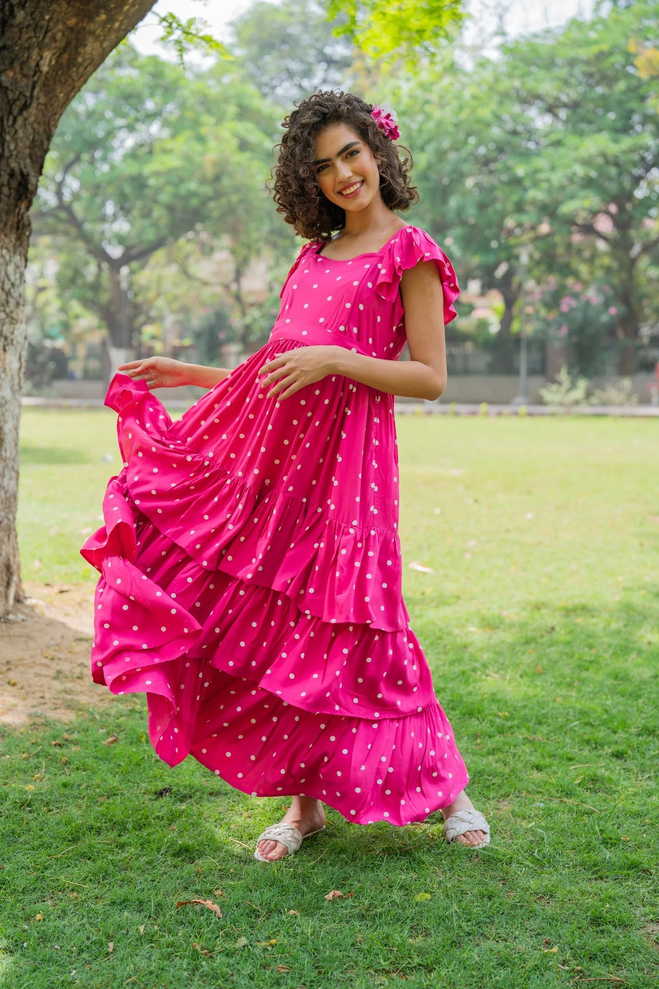 Lovable Fuchsia Baby Polka Maternity & Nursing Frill Dress (100% Cotton) - Chenance