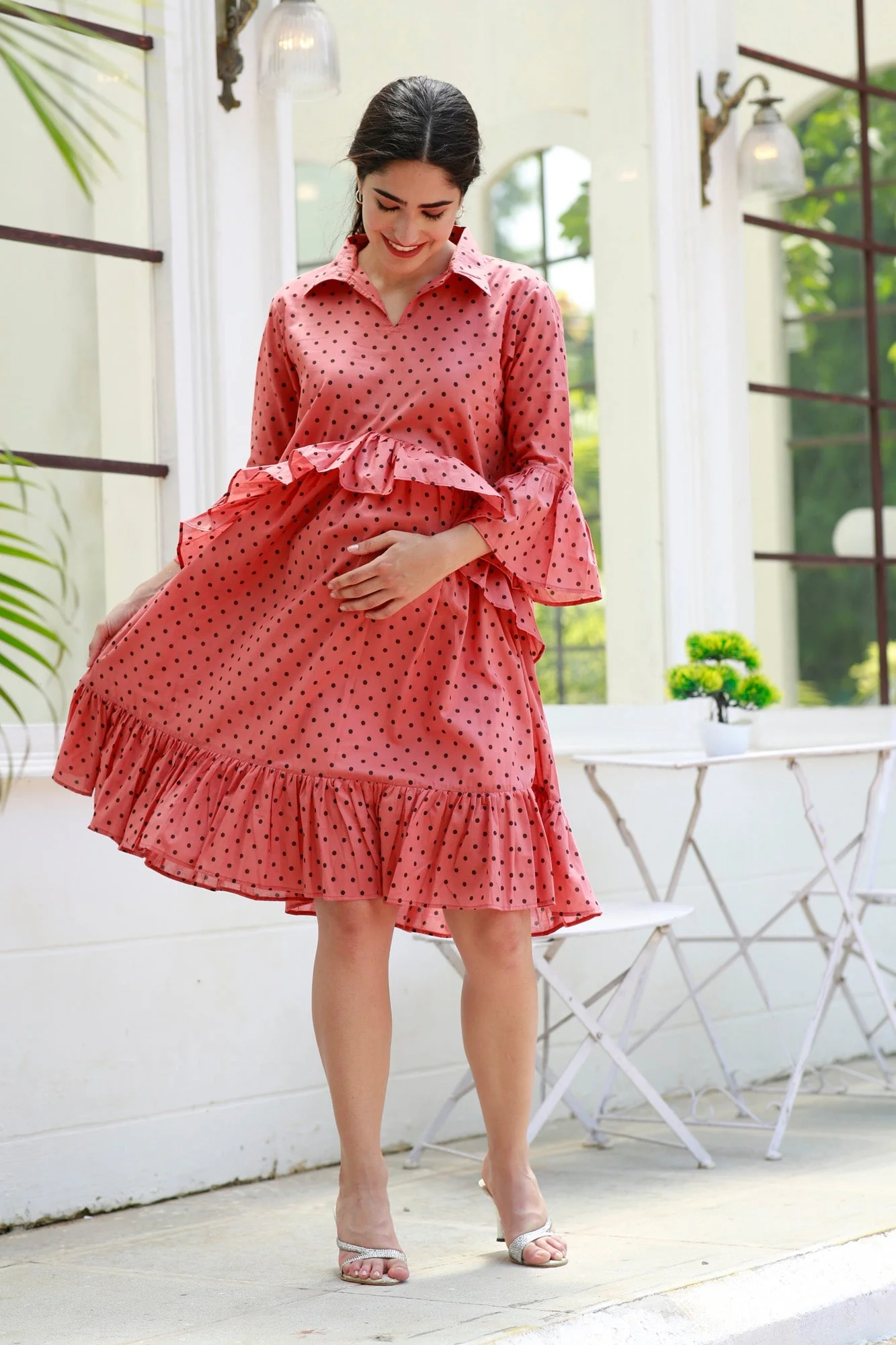 Breezy Blush Red Maternity Polka Knee Frill Dress - Chenance