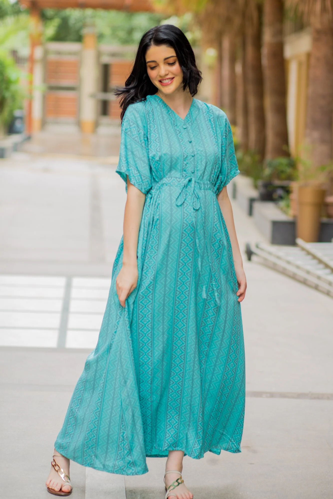 Kimono Sky Blue Stripe Maternity & Nursing Dress / Delivery Gown/ Night Dress - Chenance